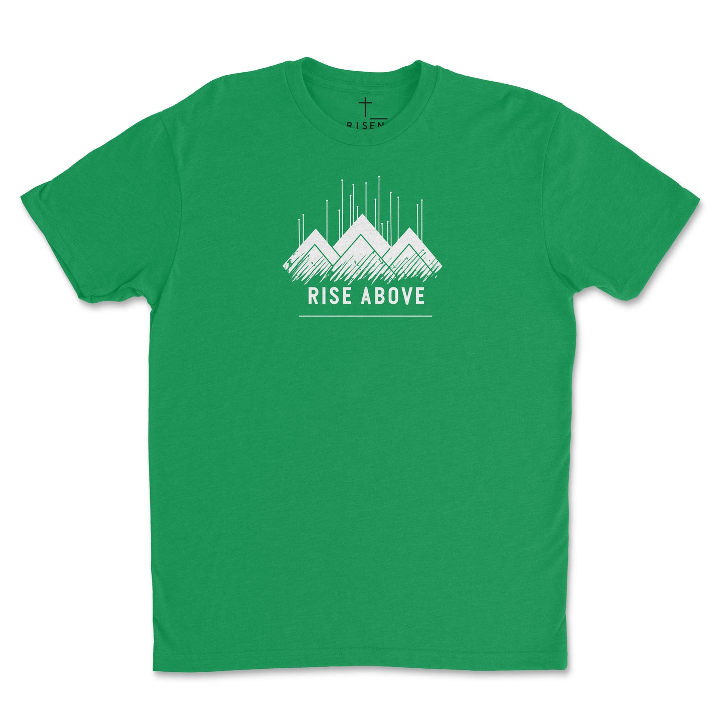 Youth Rise Above T-Shirt - RISEN Lightweight CVC Tee in green with mountain graphic and "Rise Above" text.