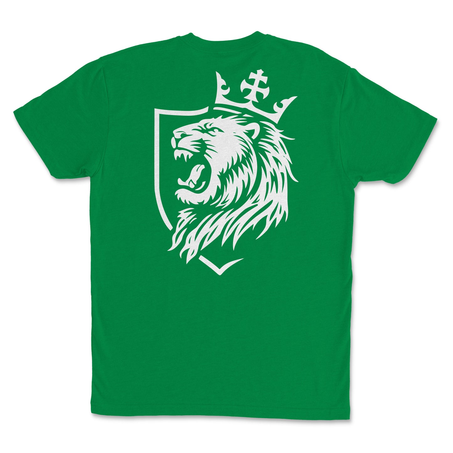 Youth Lion Crest Christian T-Shirt - back view showing crowned lion shield graphic in white on green fabric.