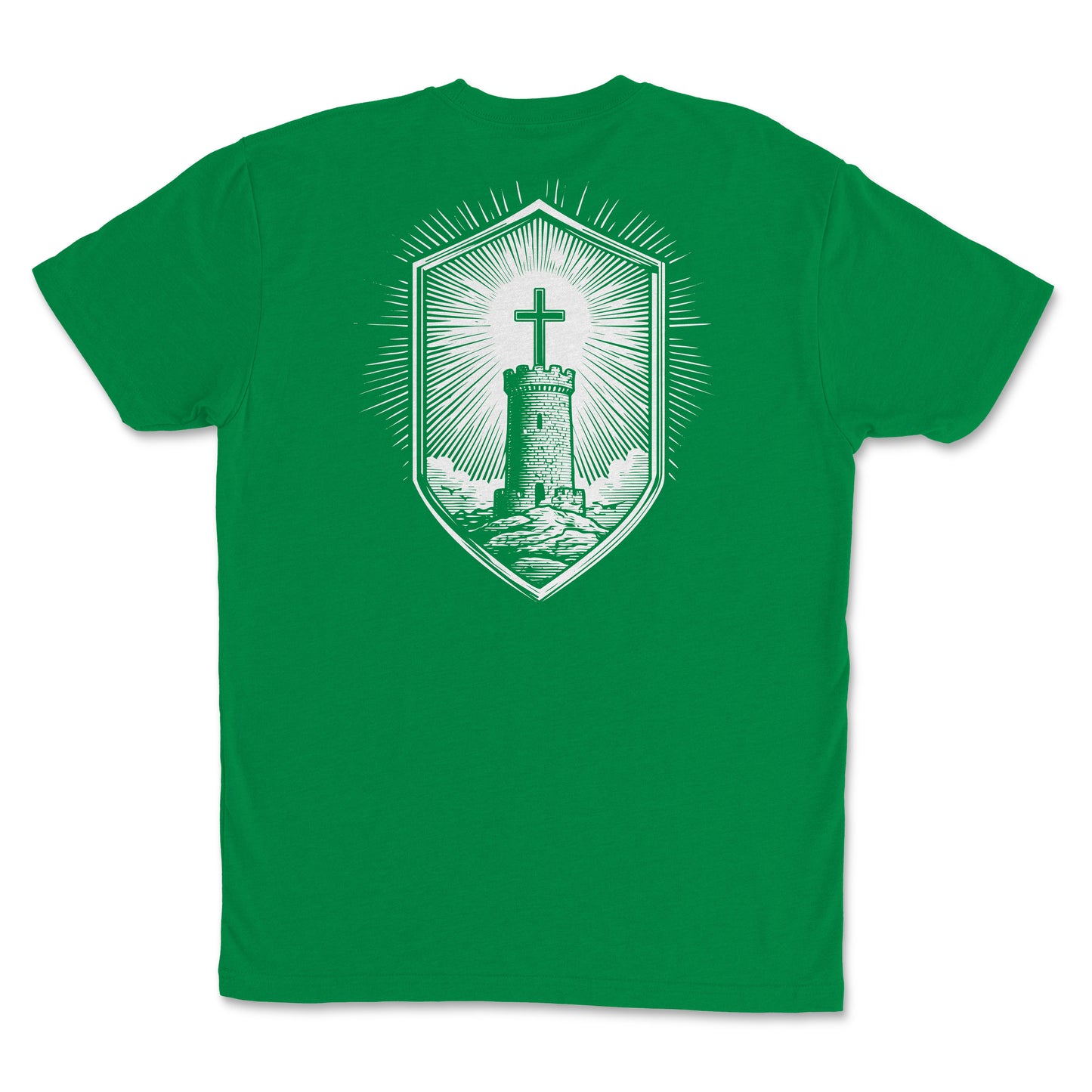 Youth Stone Tower Christian T-Shirt featuring a shield graphic with a cross and tower on the back in vibrant green.