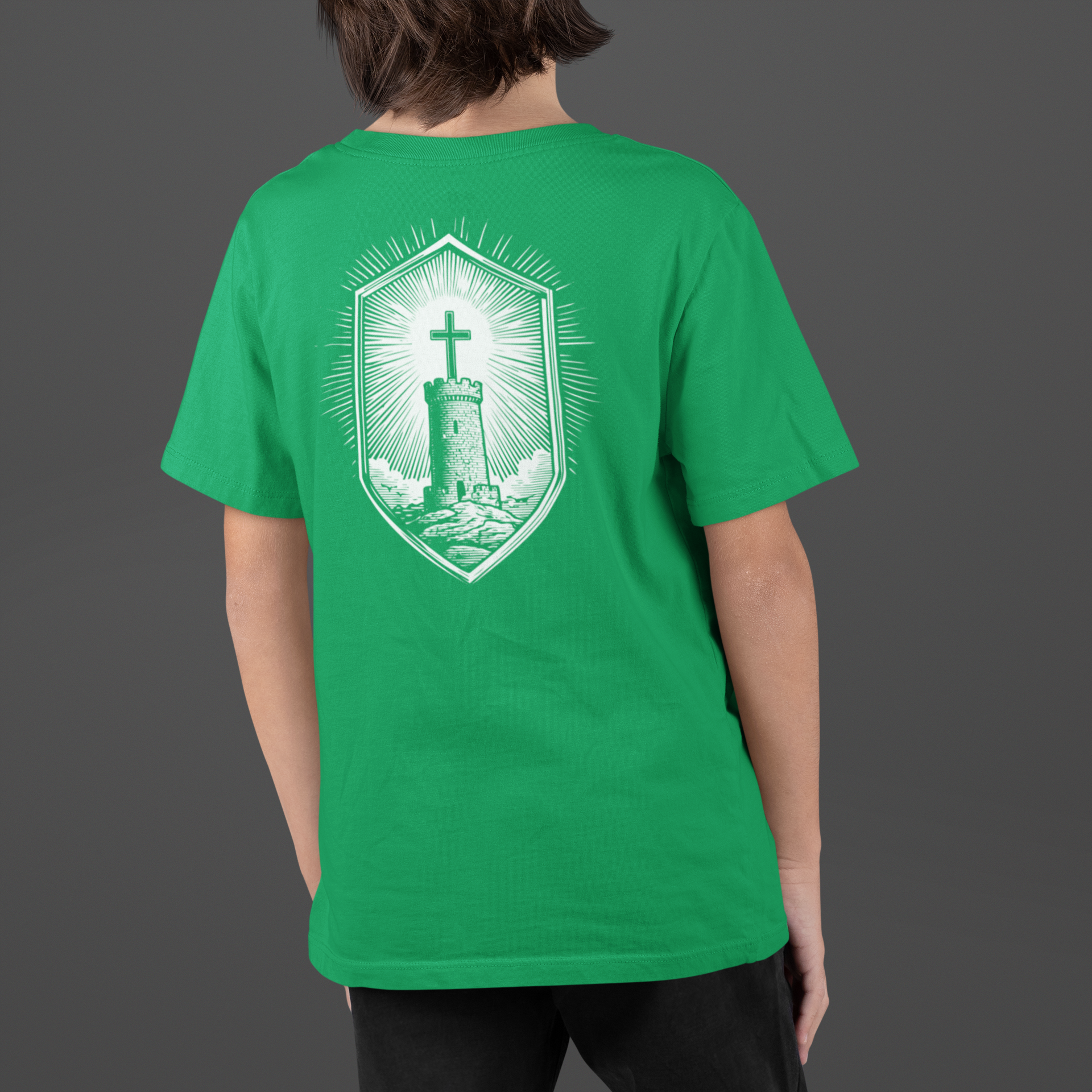 Youth Stone Tower Christian T-Shirt featuring a shield cross graphic design on a green tee.