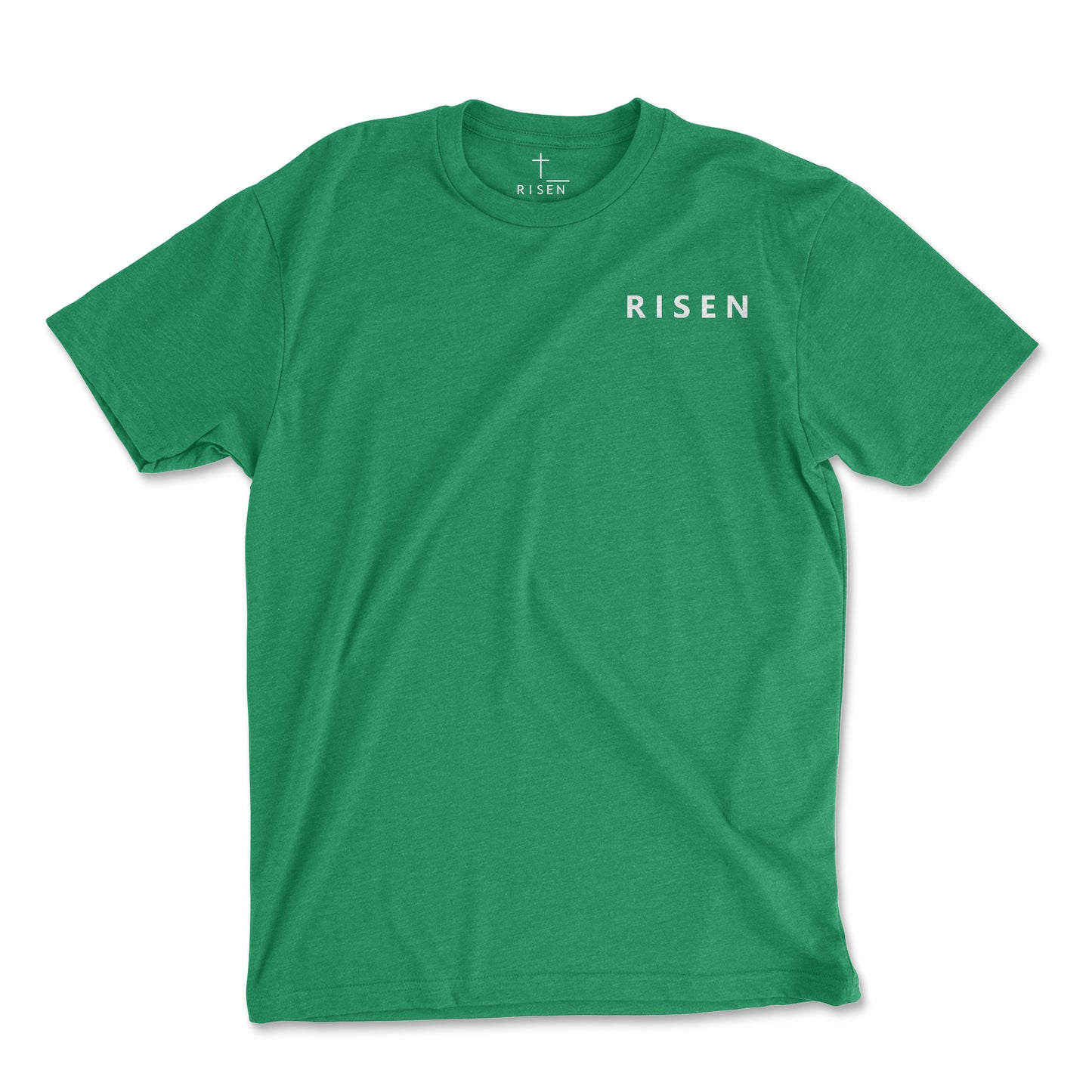 Youth Stone Tower Christian T-Shirt featuring bold 'RISEN' text in white on a green jersey fabric.