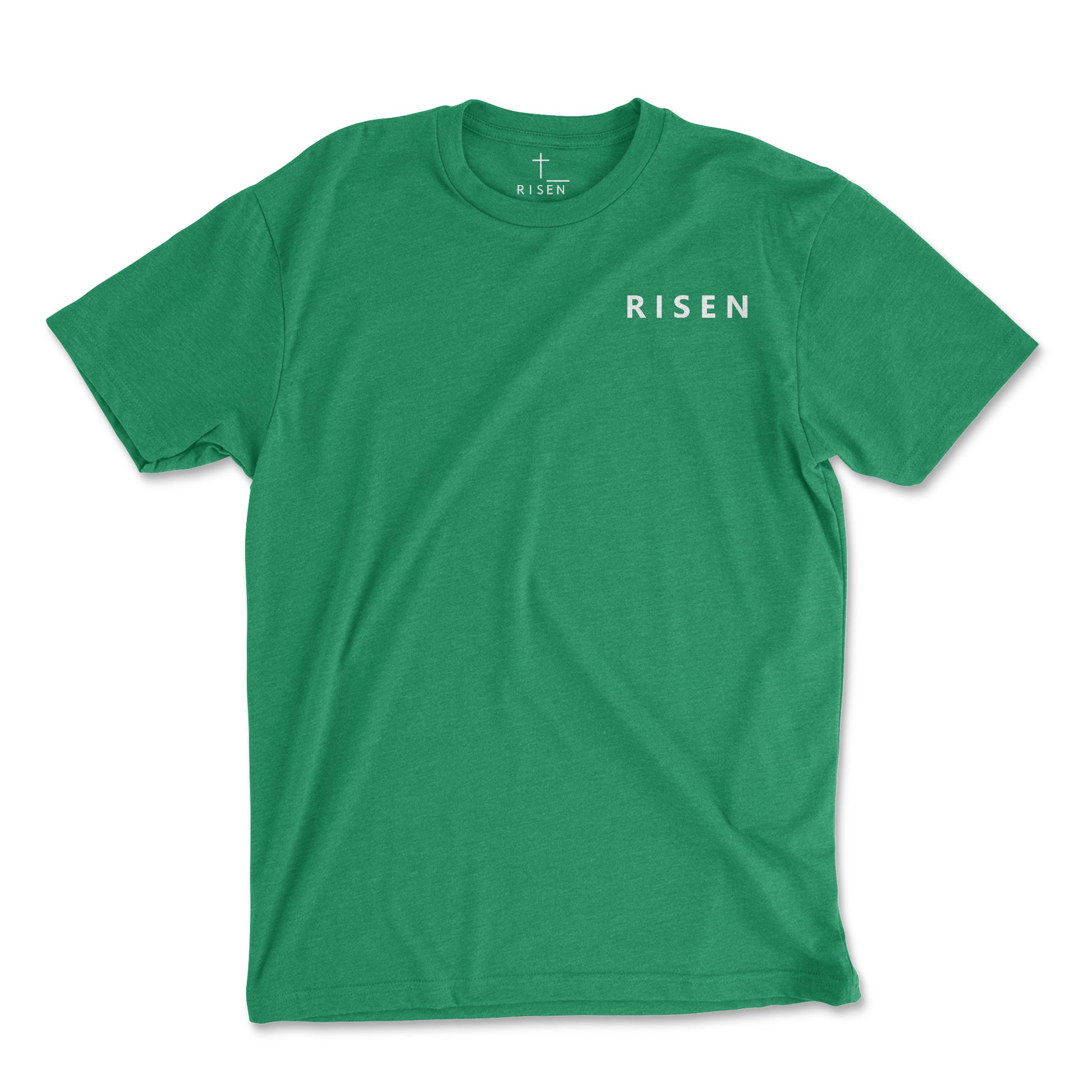 Youth Stone Tower Christian T-Shirt featuring bold 'RISEN' text in white on a green jersey fabric.