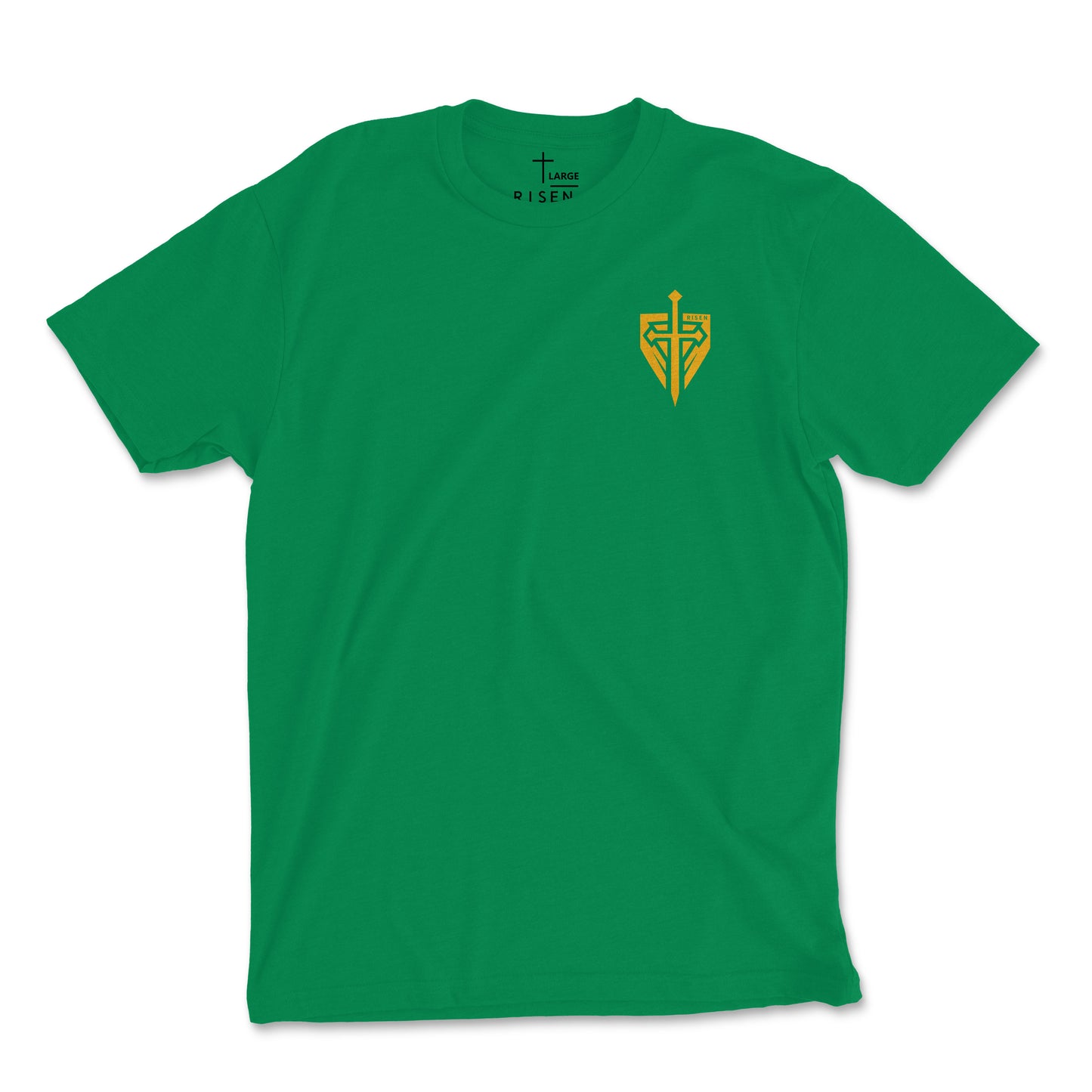 Green Iron Kingdom Christian streetwear fashion t-shirt with gold logo on front left.