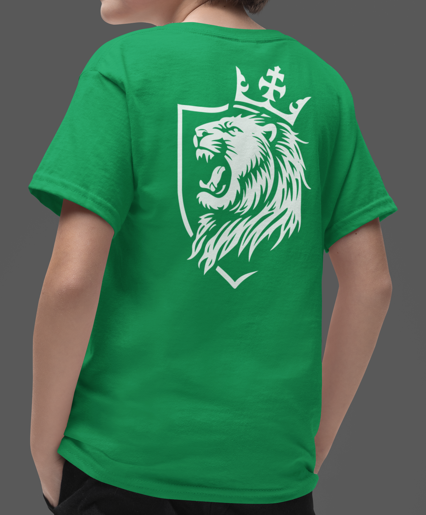 Youth Lion Crest Christian T-Shirt featuring a crowned lion graphic on a green background.