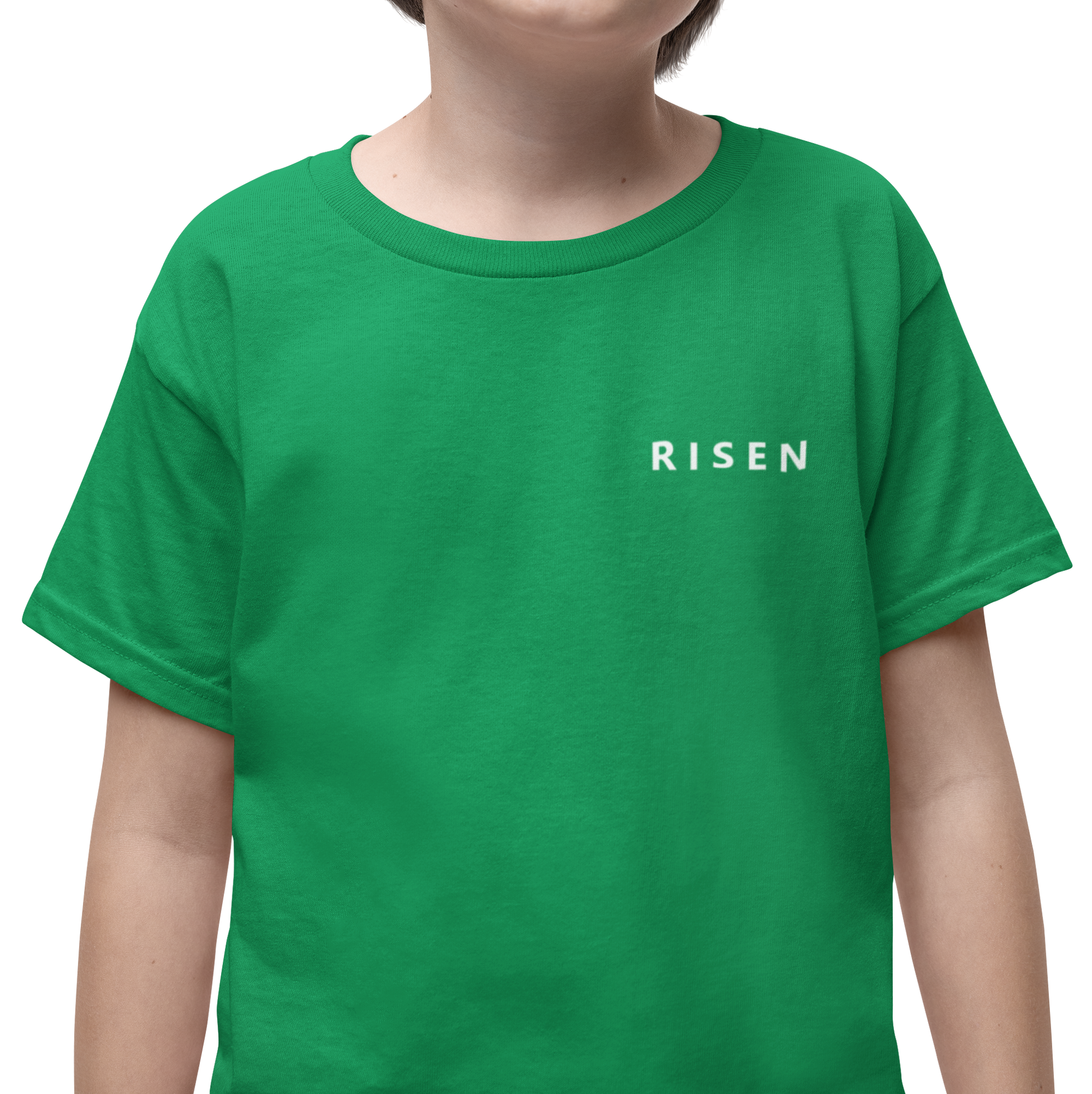 Youth Lion Crest Christian T-Shirt in green featuring the word Risen on the front.