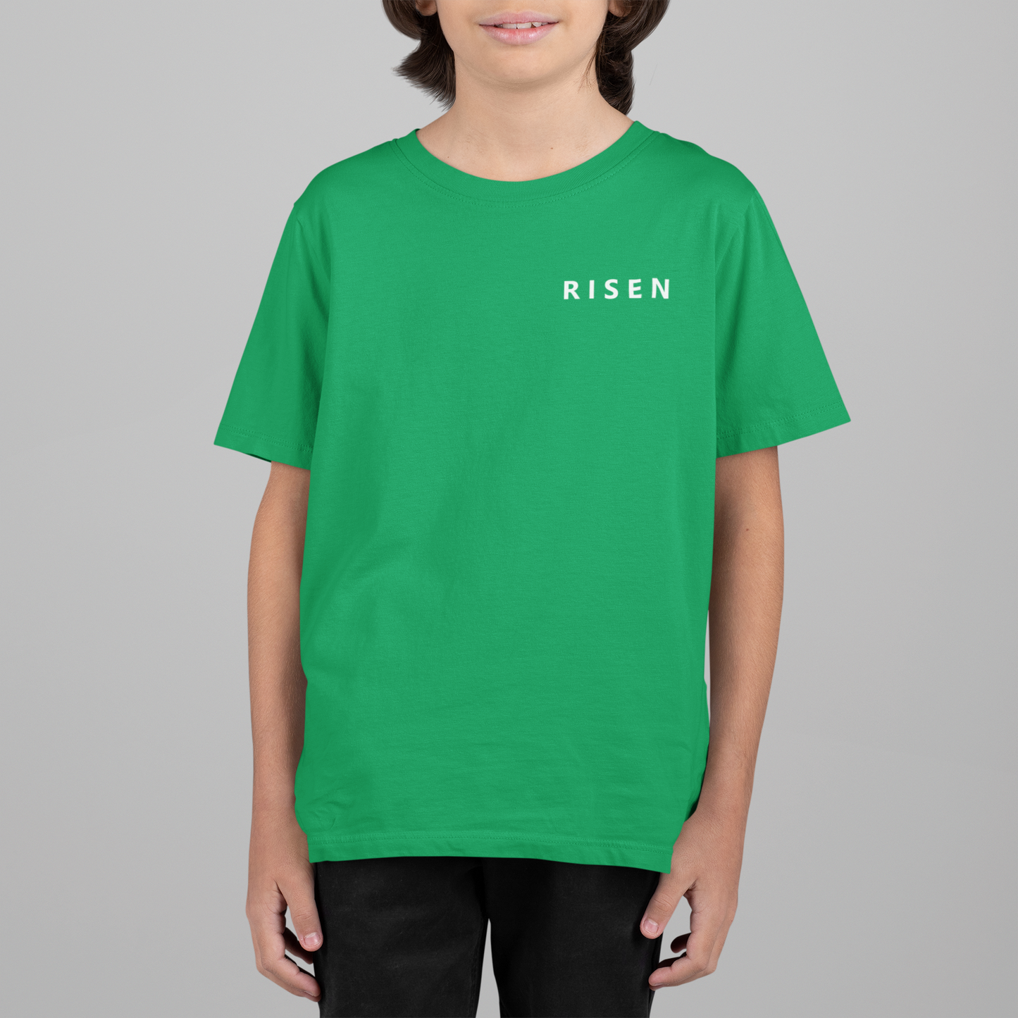 Born to Rise Youth Christian T-Shirt in green with RISEN text, perfect for young believers.