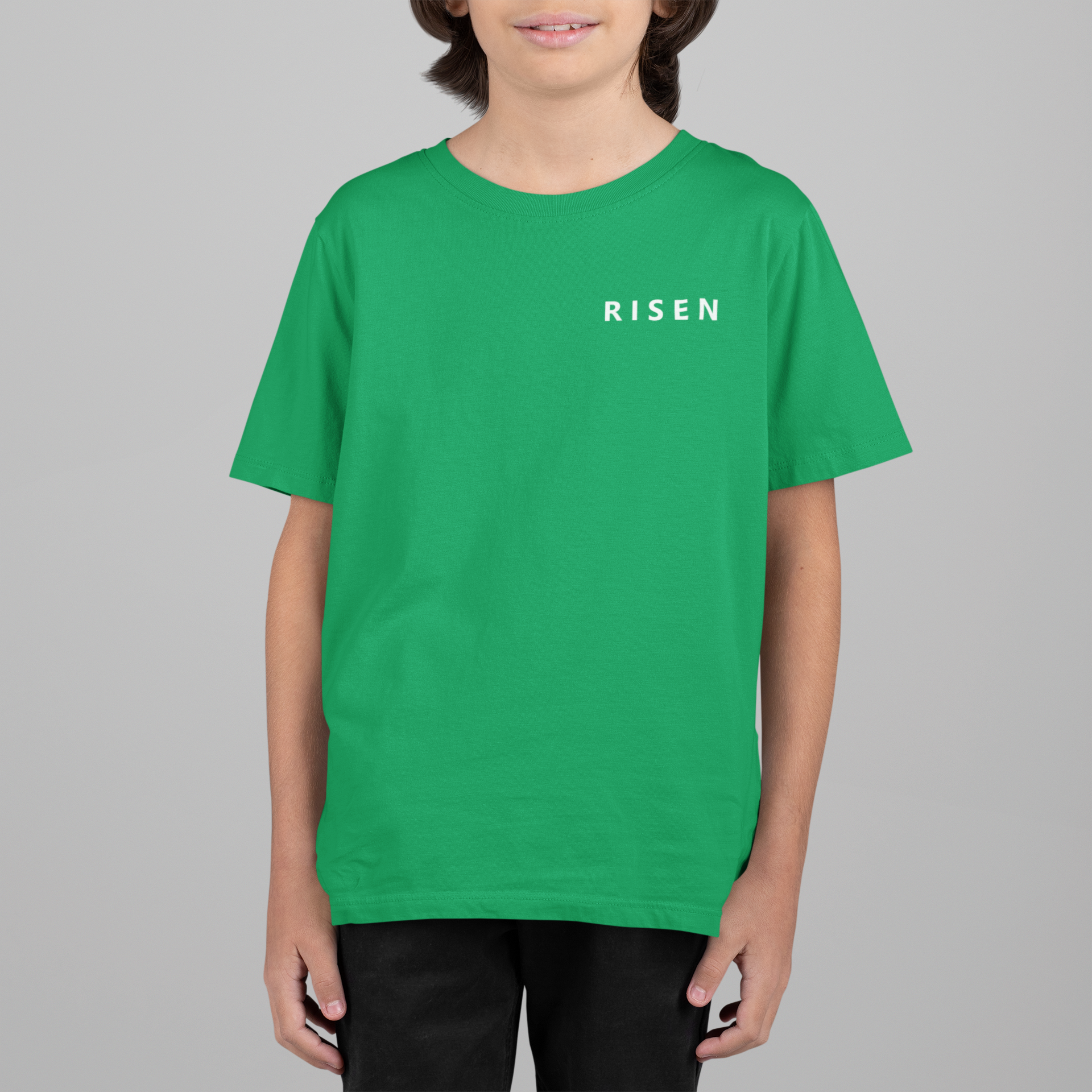 Born to Rise Youth Christian T-Shirt in green with RISEN text, perfect for young believers.