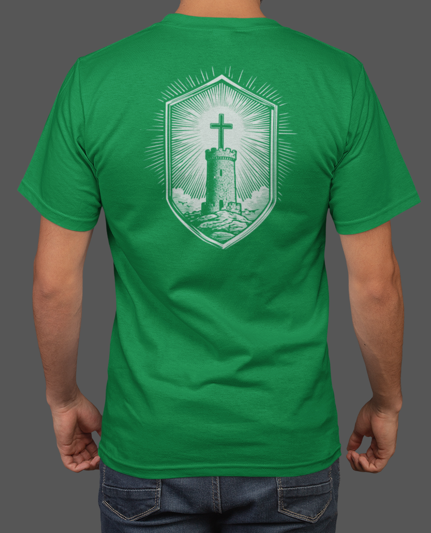 Stone Tower Men’s Christian T-Shirt showing back graphic of stone tower and cross in shield design.