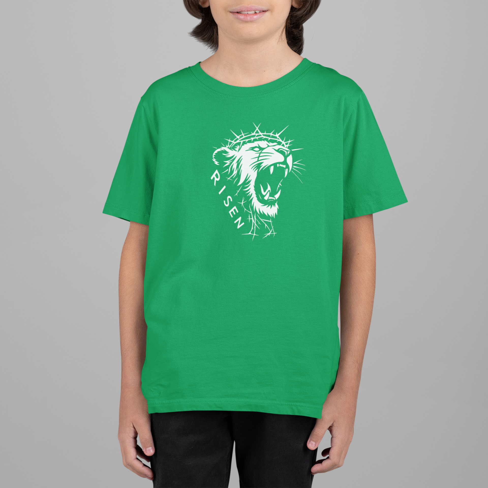 Youth The Risen King - Christian T-Shirt featuring a lion with a crown of thorns on a green tee.