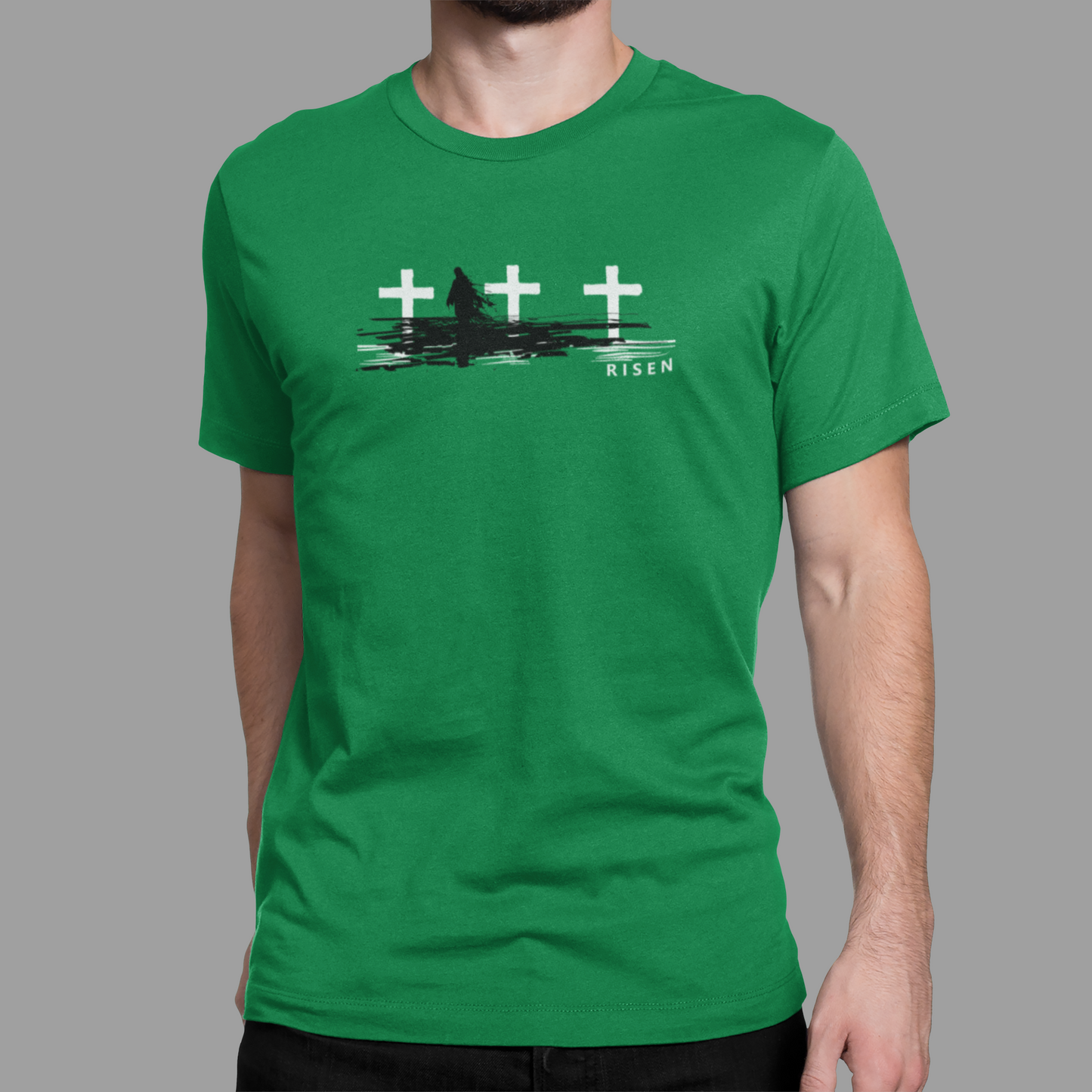 The Third Day Men’s Christian T-Shirt featuring RISEN and three crosses graphic on a green background.