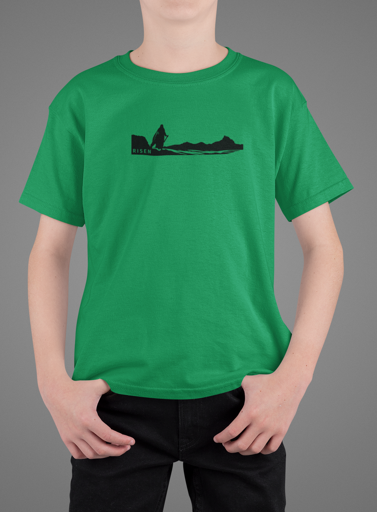 Youth The Way Forward Christian T-Shirt – Minimal Faith Graphic Tee worn by a child, featuring a RISEN graphic.
