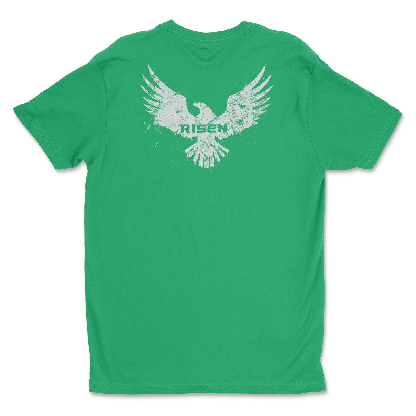 Born to Rise Youth Christian T-Shirt featuring RISEN eagle graphic on a green background.