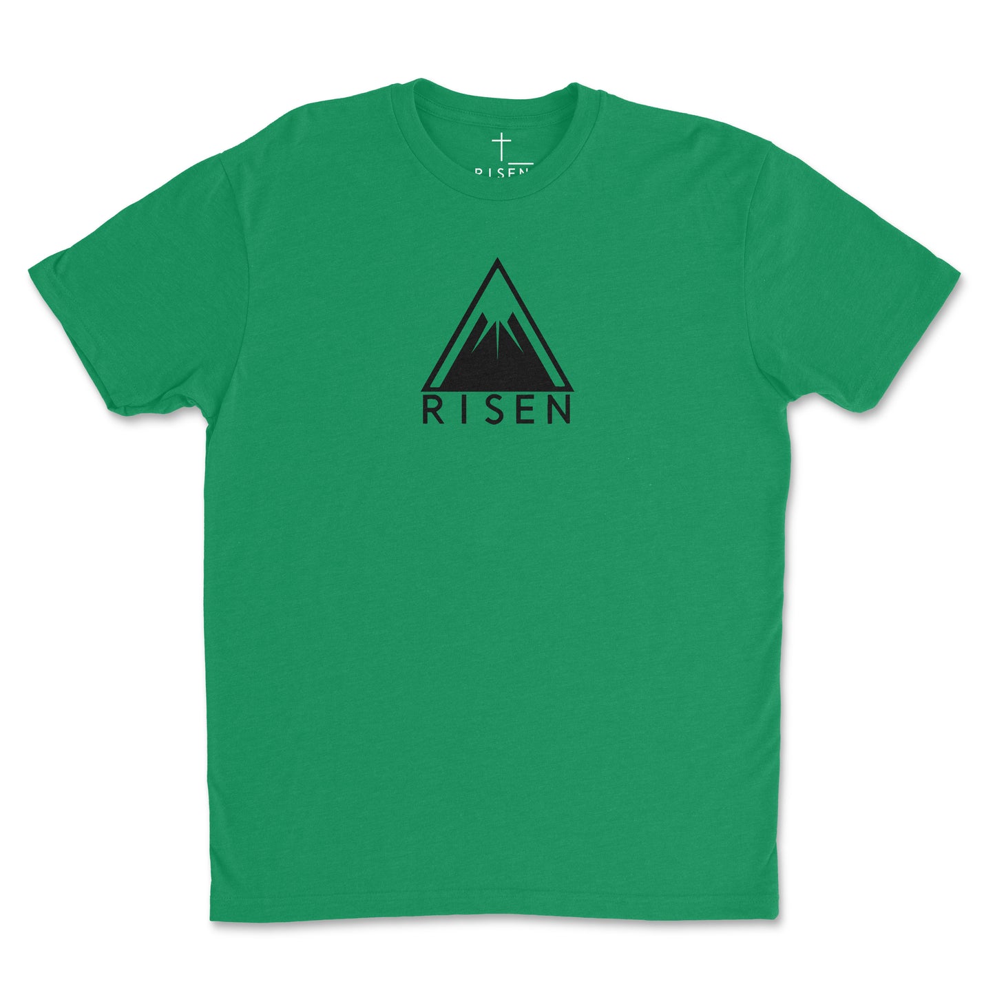 Youth The Peak Christian T-Shirt featuring RISEN mountain graphic on green fabric.