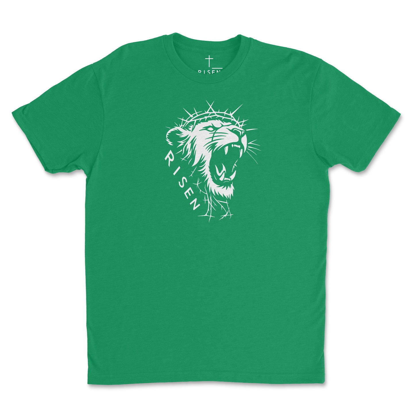 Youth The Risen King - Christian T-Shirt featuring a roaring lion graphic on a green tee.