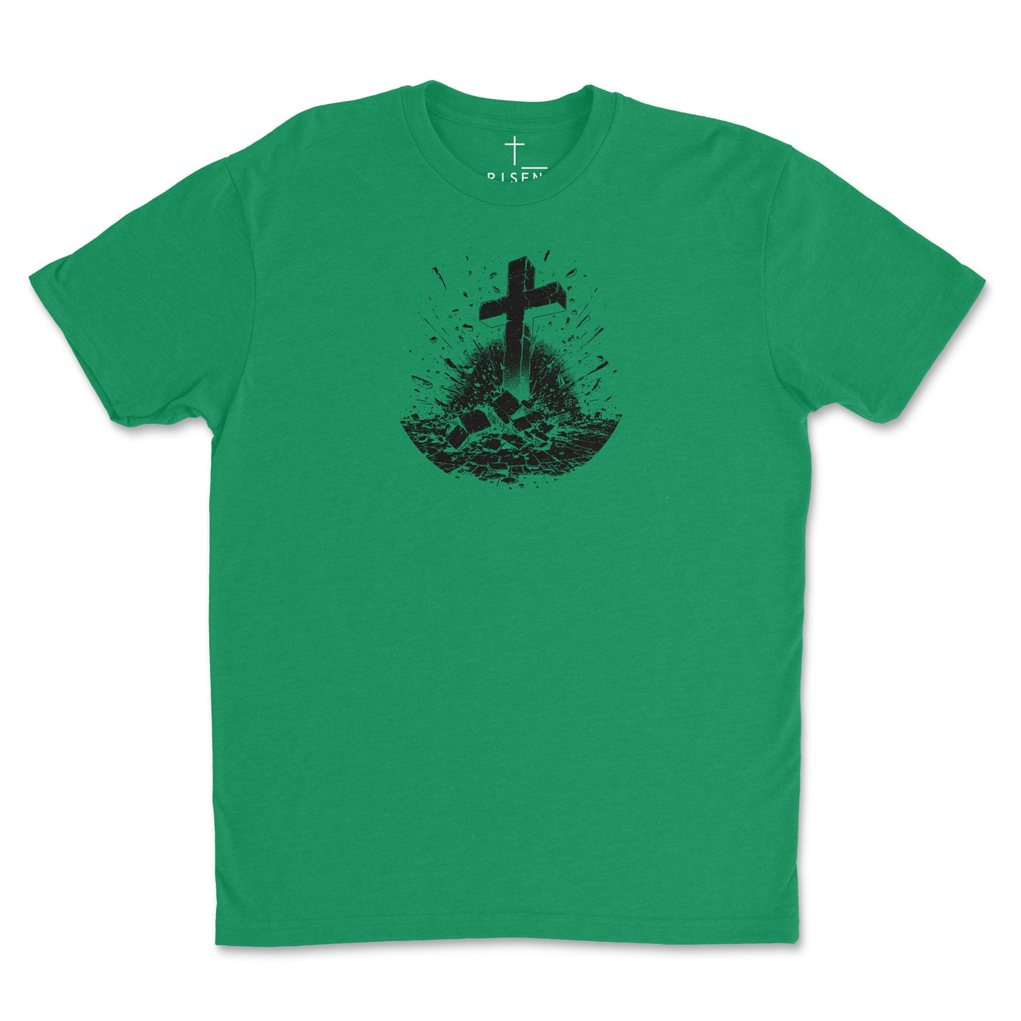 Youth Breakthrough Christian T-Shirt featuring a RISEN cross graphic design on a green background.