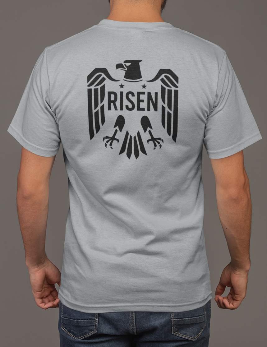 Risen Eagle Men’s T-Shirt featuring a bold eagle graphic with RISEN text on the back, perfect for casual wear.
