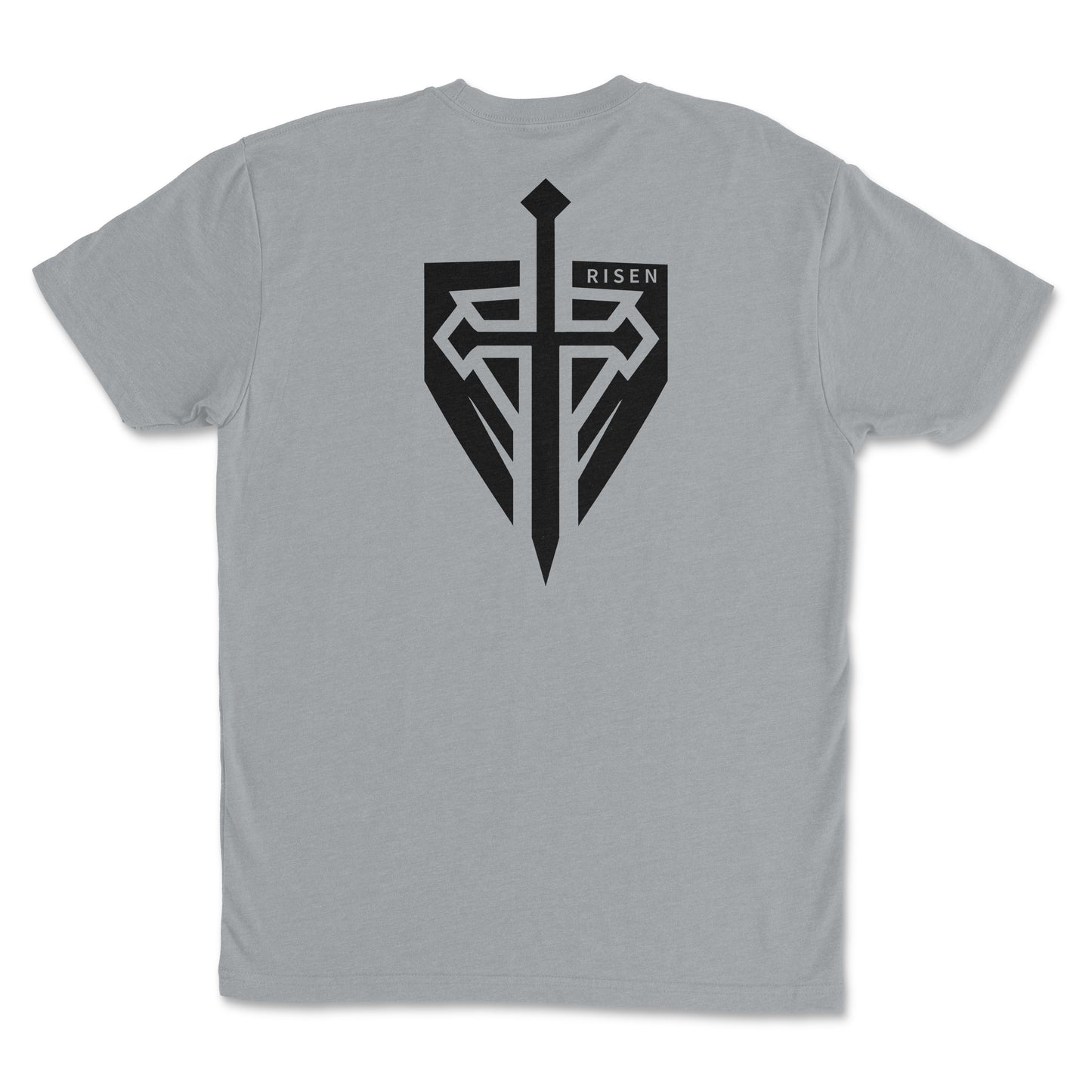 Back view of a gray t-shirt featuring a bold graphic design with a sword and shield, perfect for Christian streetwear fashion.