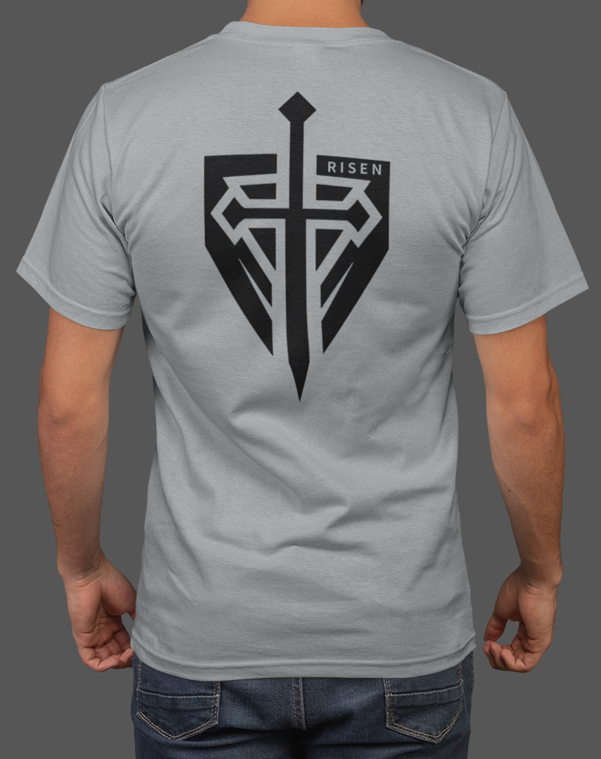 Back view of Iron Kingdom grey t-shirt featuring a sword and shield design with the word 'RISEN', ideal for Christian streetwear fashion.