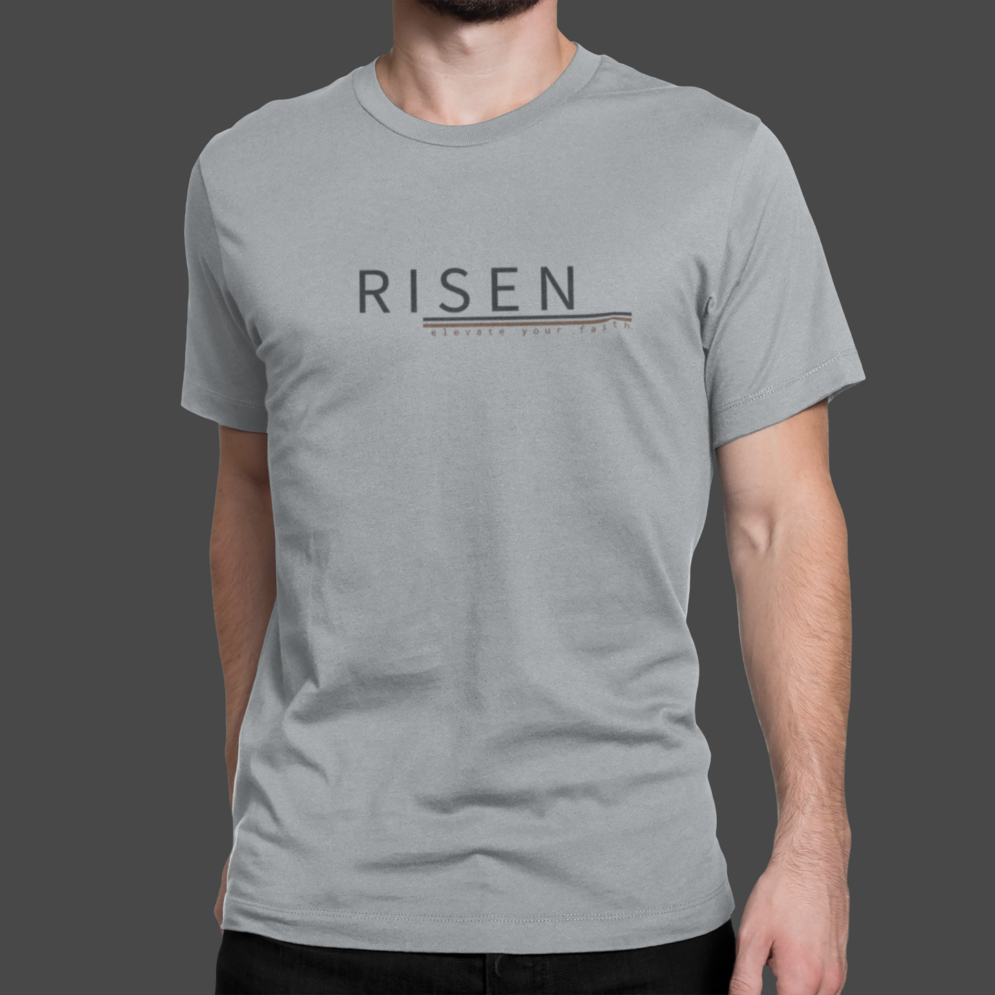Sueded Jersey T-Shirt – RISEN Premium Graphic Tee in light gray fabric.