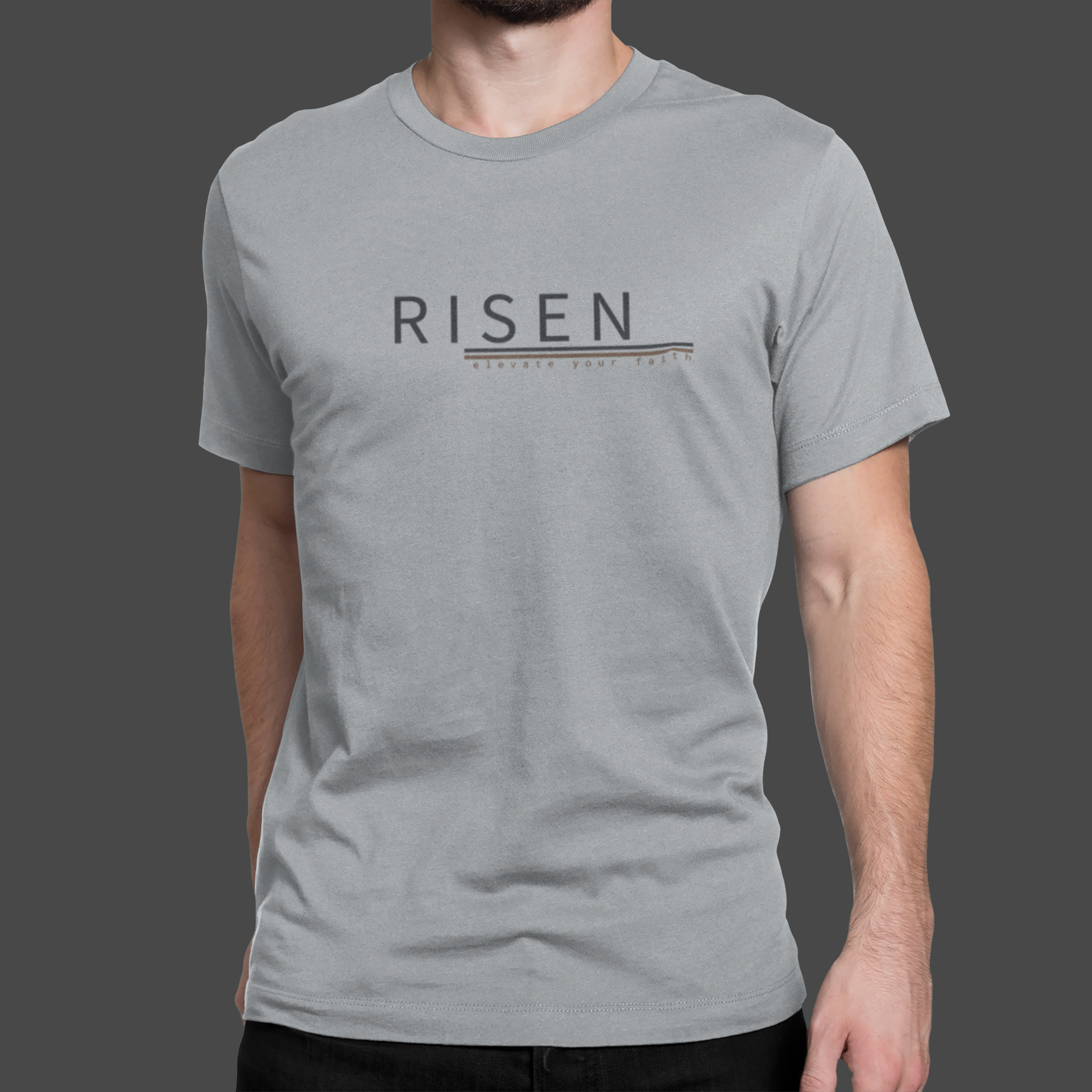 Sueded Jersey T-Shirt – RISEN Premium Graphic Tee in light gray fabric.