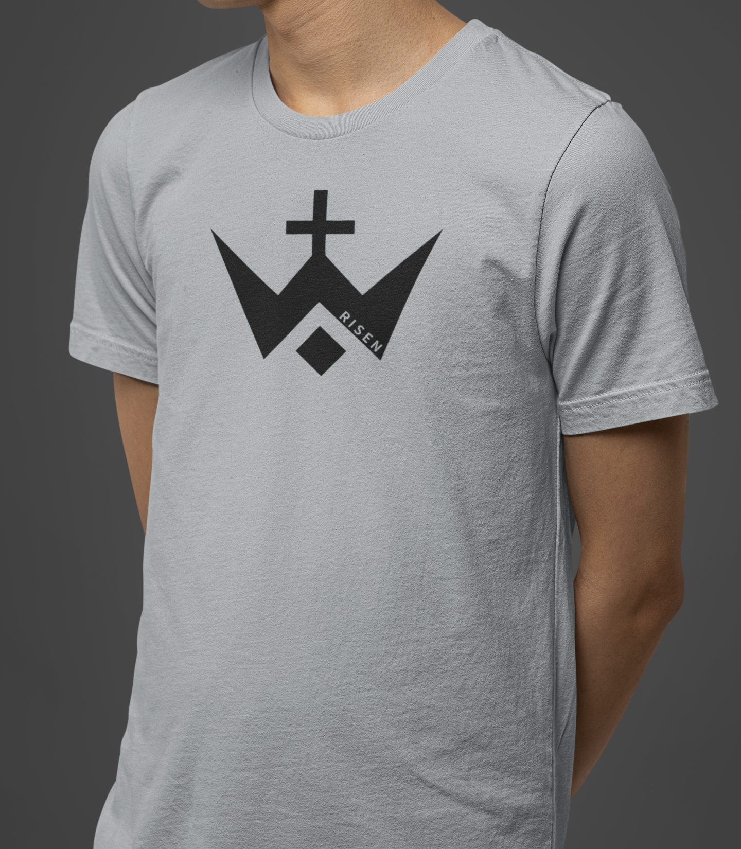 Worthy Men’s Cross T-Shirt featuring RISEN logo on a light gray background, showcasing modern design and comfort.