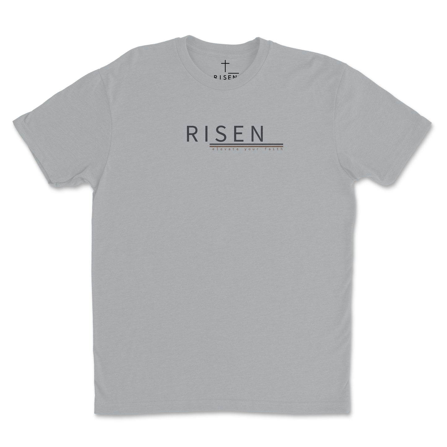 Sueded Jersey T-Shirt – RISEN Premium Graphic Tee in light grey color showcasing modern design and soft fabric.