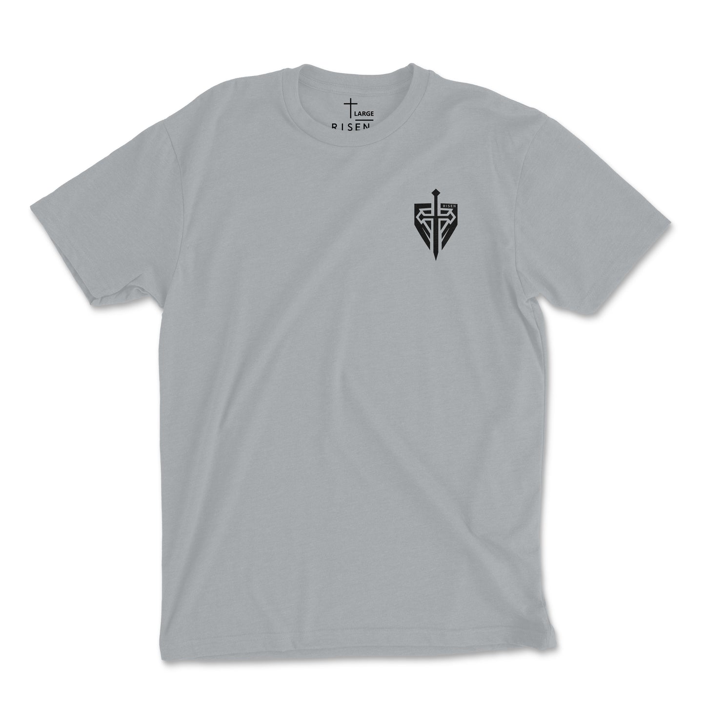 Iron Kingdom Christian streetwear fashion gray t-shirt featuring a shield logo design.