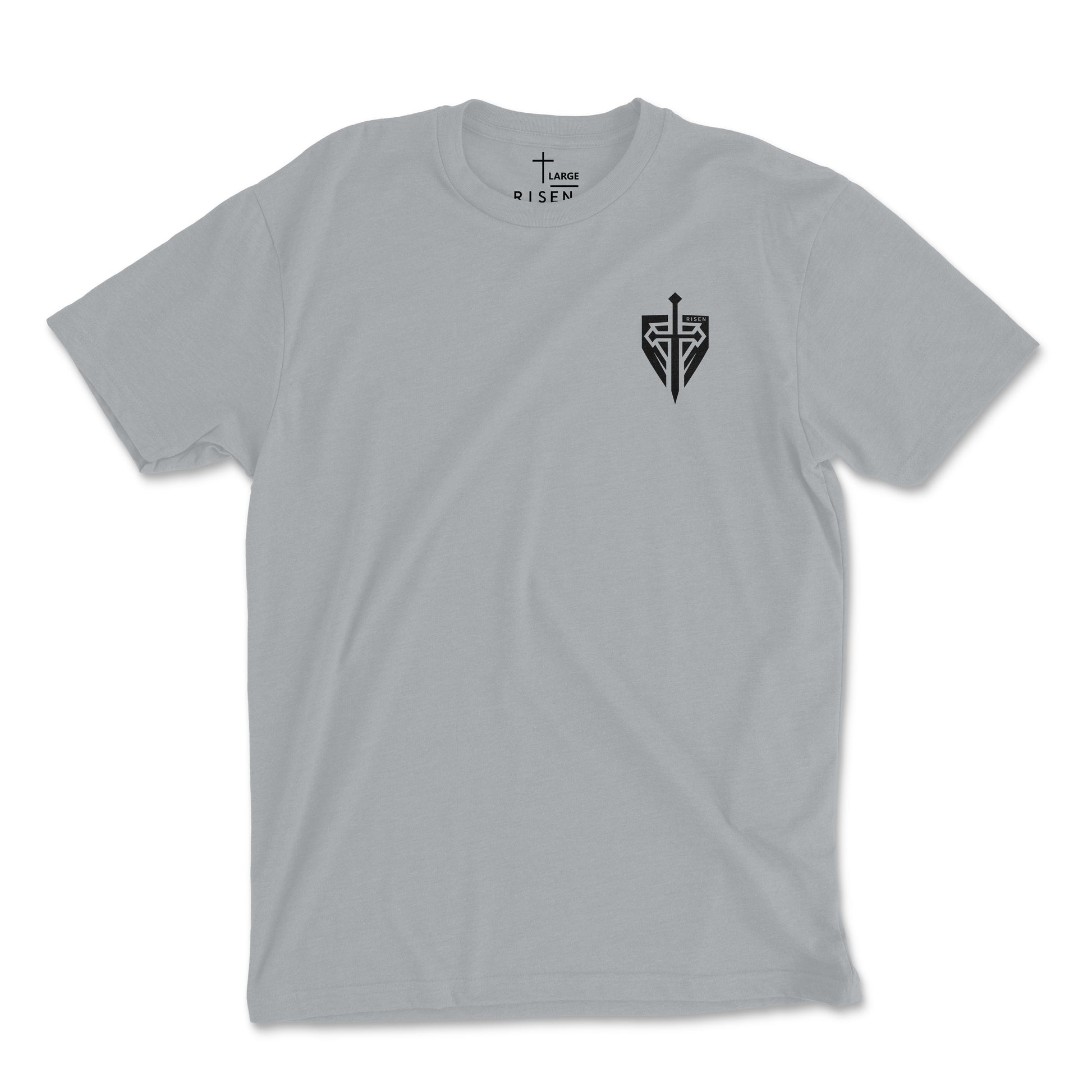 Iron Kingdom Christian streetwear fashion gray t-shirt featuring a shield logo design.