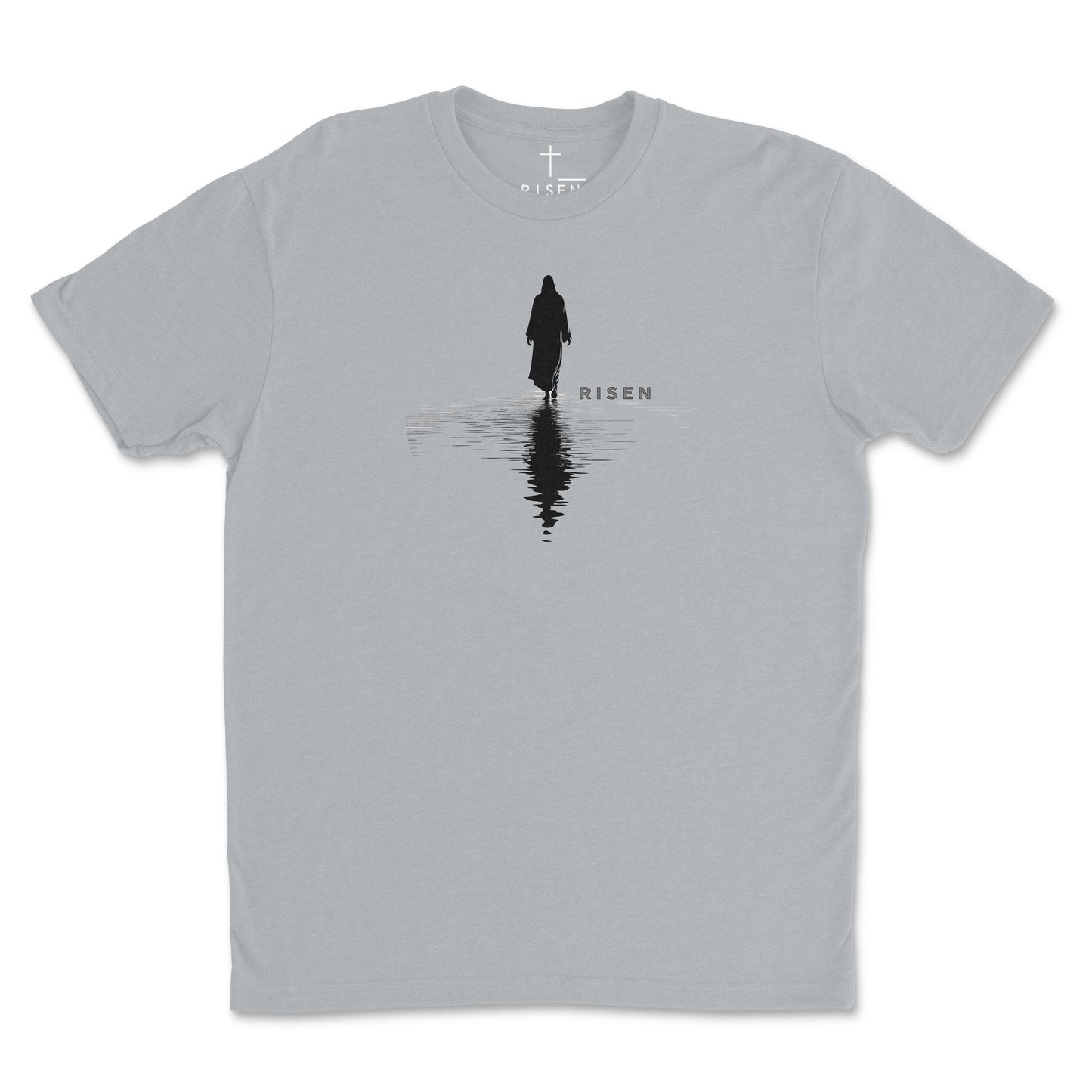 Above the Storm Men’s Christian T-Shirt featuring RISEN graphic and Christ walking on water design.