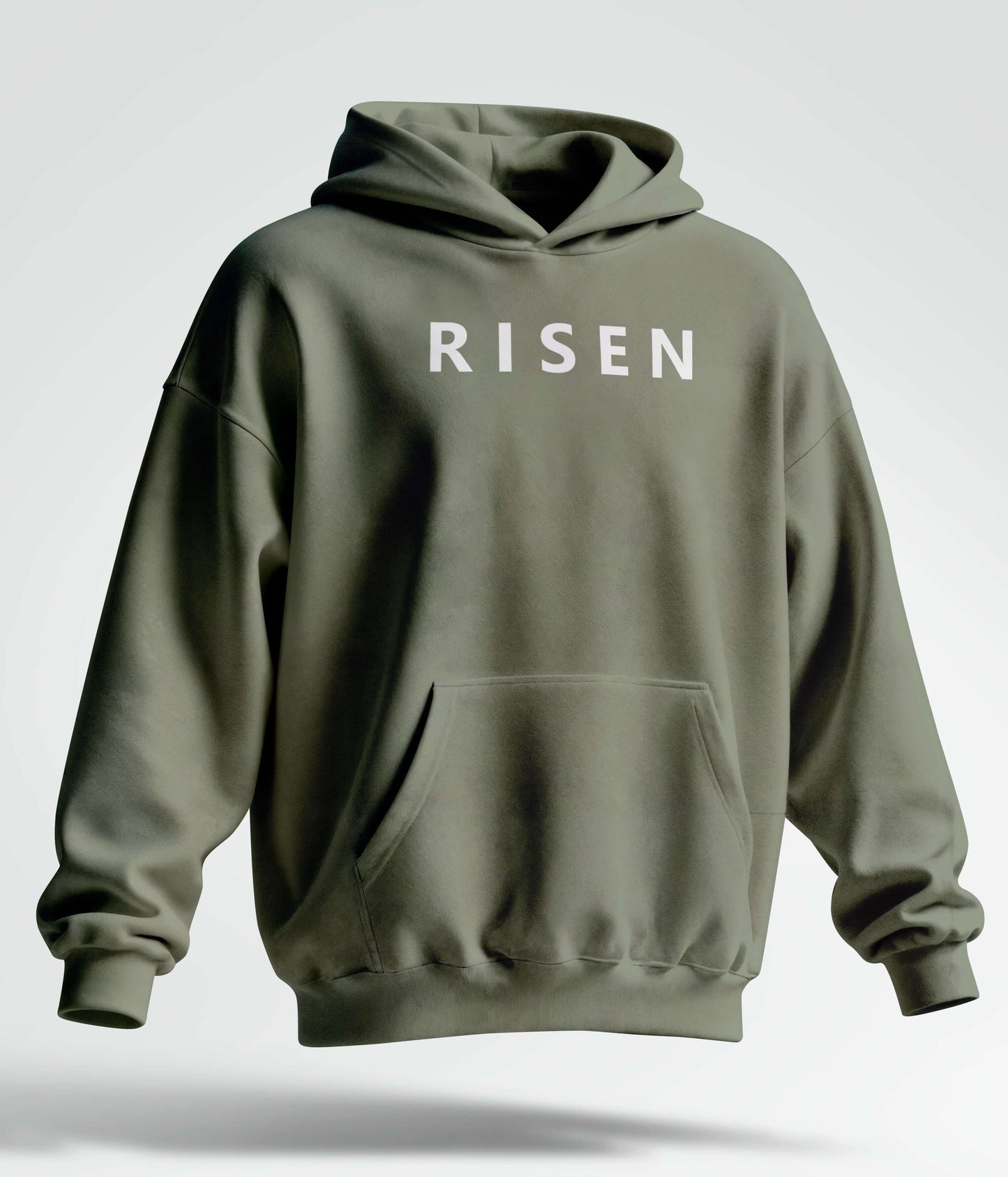 Heavyweight Fleece Hoodie in olive green color featuring minimal front print 'RISEN' for stylish comfort and everyday wear.