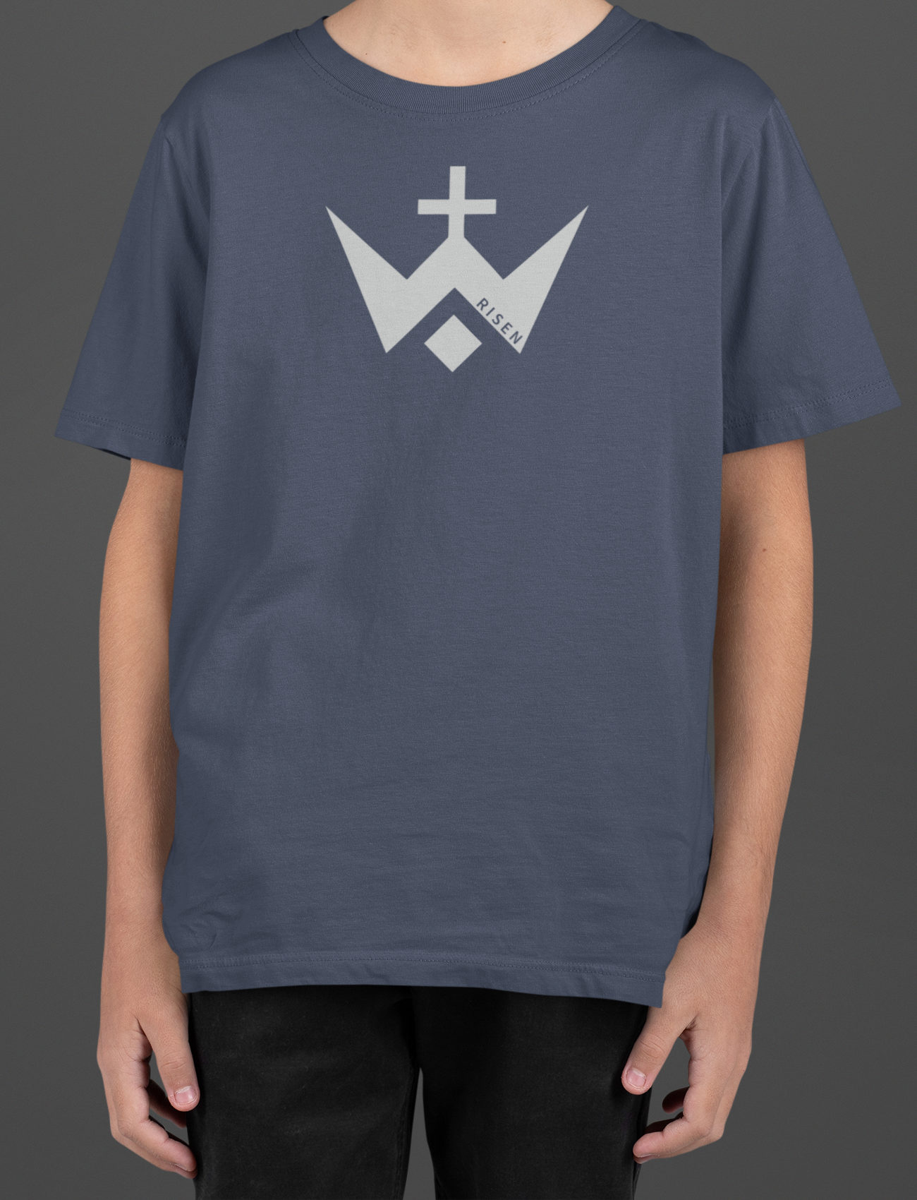 Youth Worthy Cross T-Shirt in navy blue with RISEN cross logo on the chest, designed for everyday comfort and style.