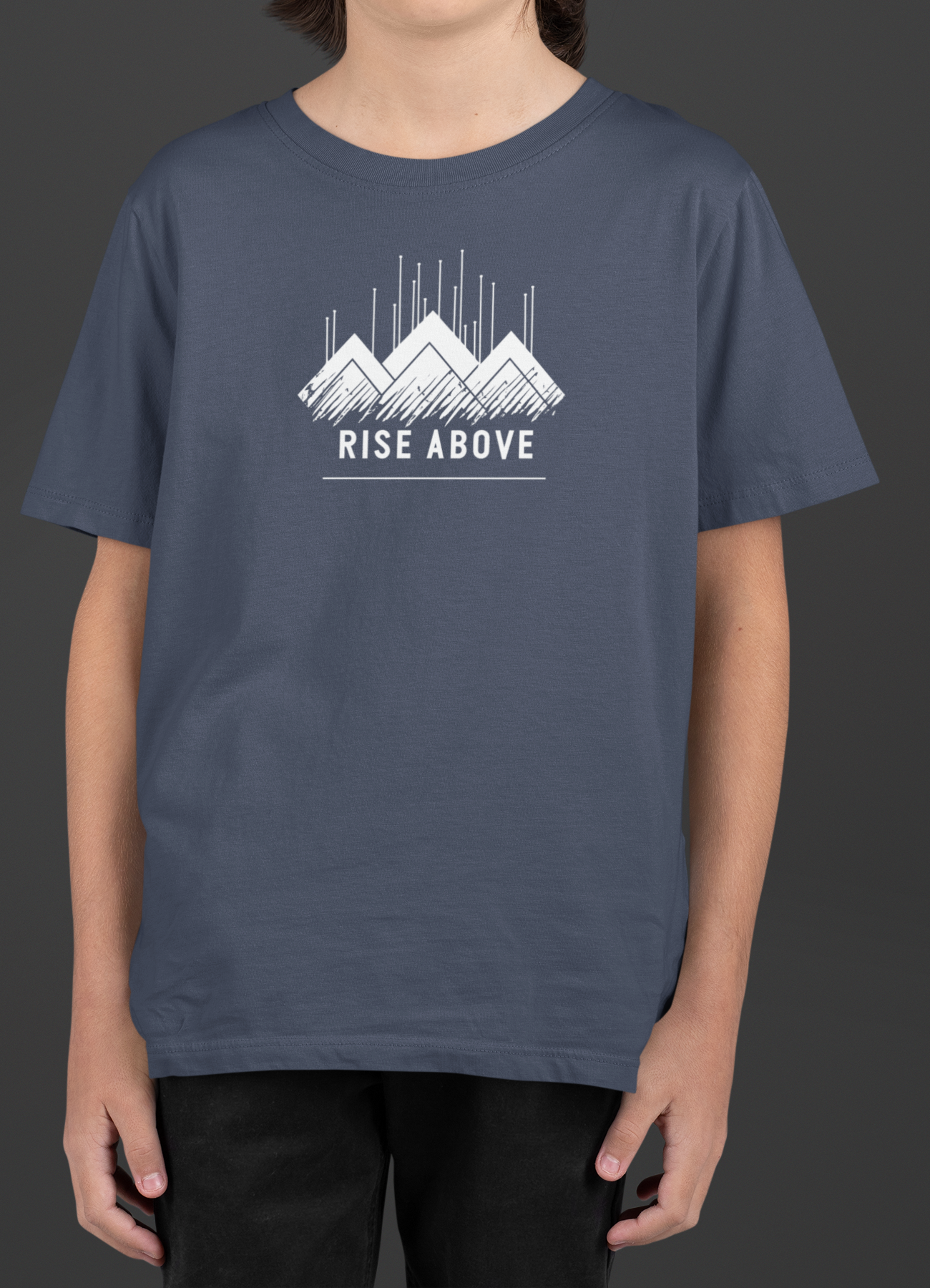 Youth Rise Above T-Shirt featuring bold mountain graphic and modern design in a lightweight CVC fabric.