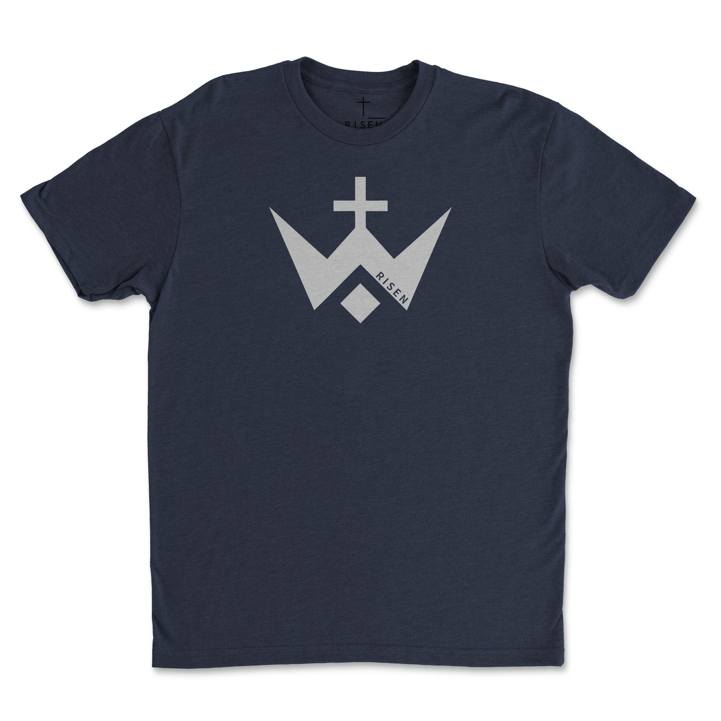 Youth Worthy Cross T-Shirt featuring a bold RISEN logo on a navy blue CVC graphic tee.