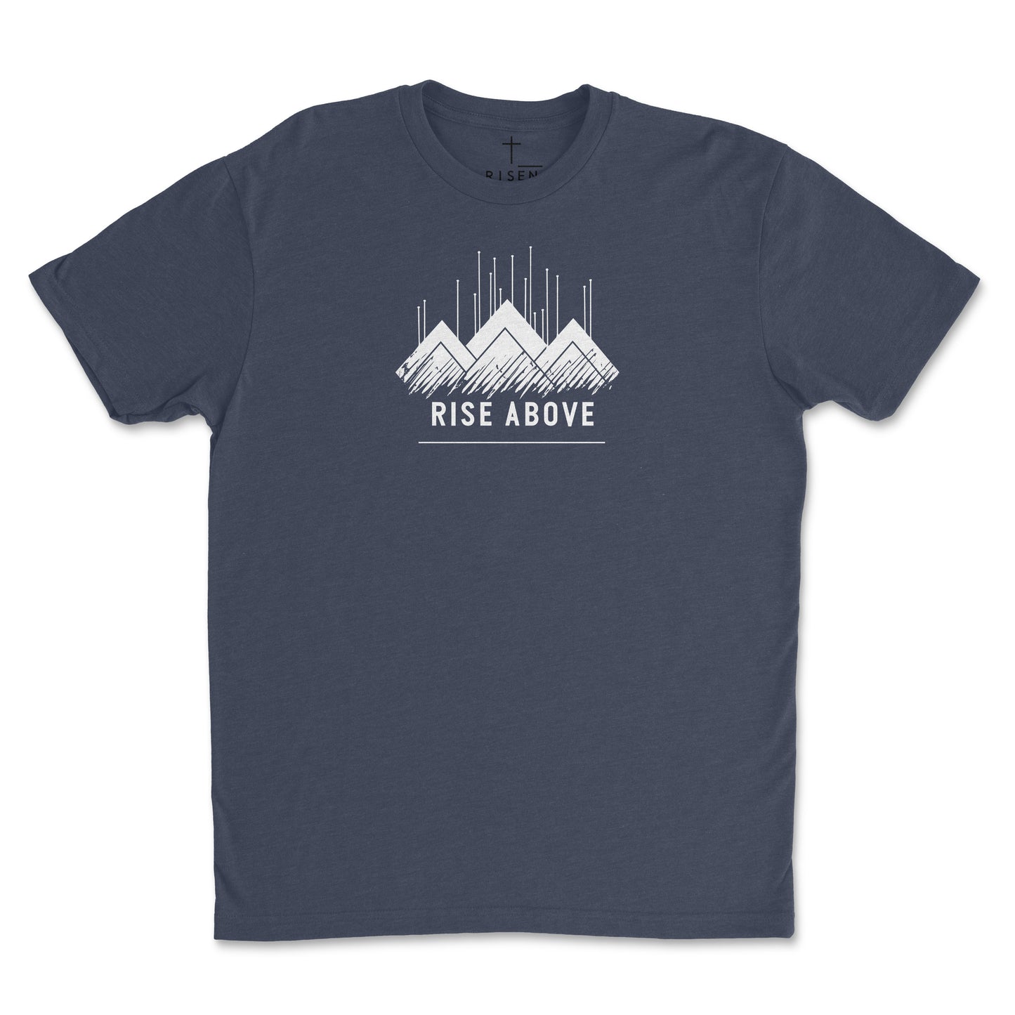 Youth Rise Above T-Shirt featuring mountain graphic and clean design in a navy color.