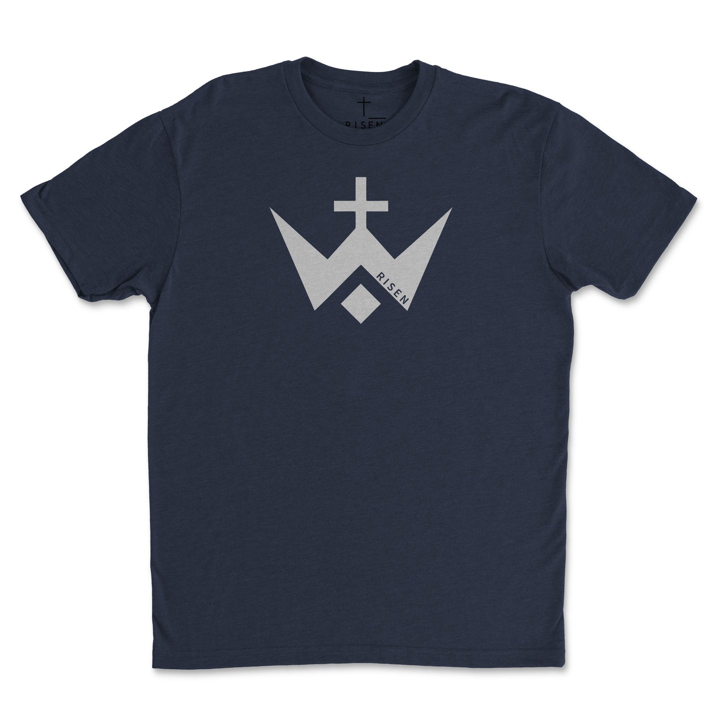 Worthy Men’s Cross T-Shirt featuring RISEN logo on navy sueded jersey fabric, designed for comfort and style.