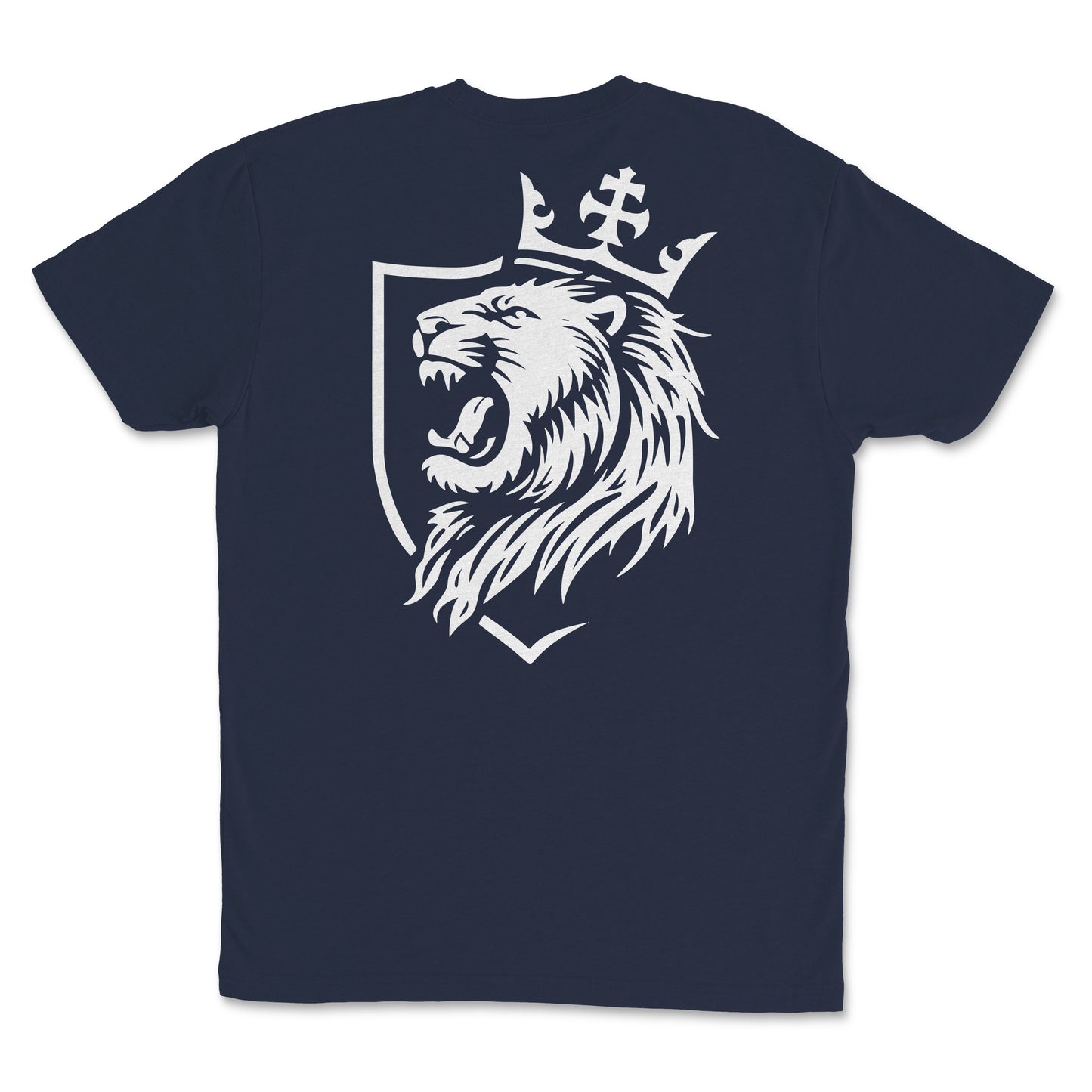 Youth Lion Crest Christian T-Shirt with crowned lion graphic on navy background.