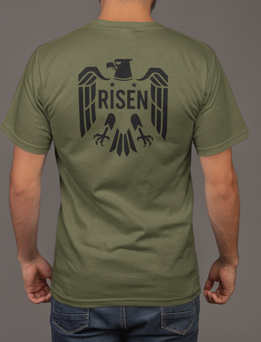 Risen Eagle Men’s T-Shirt featuring large eagle graphic on back, symbolizing strength and vision.