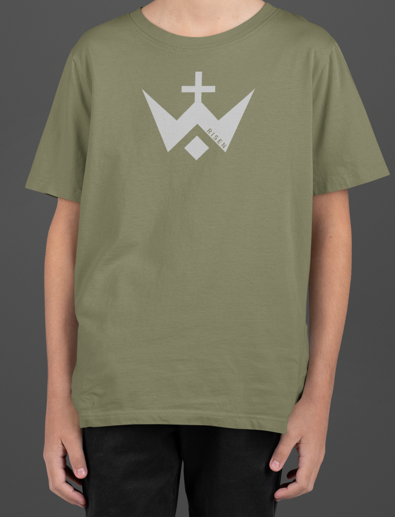 Youth Worthy Cross T-Shirt - RISEN CVC Graphic Tee in olive green with bold RISEN logo.