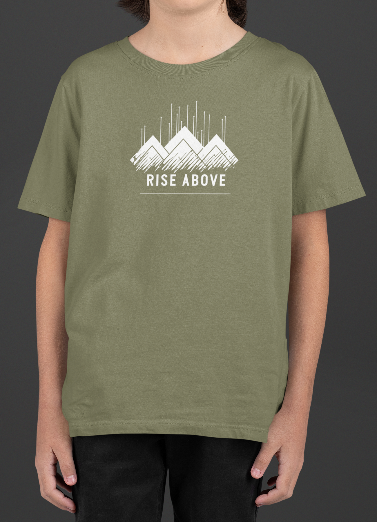 Youth Rise Above T-Shirt featuring mountain graphics in olive green for kids.