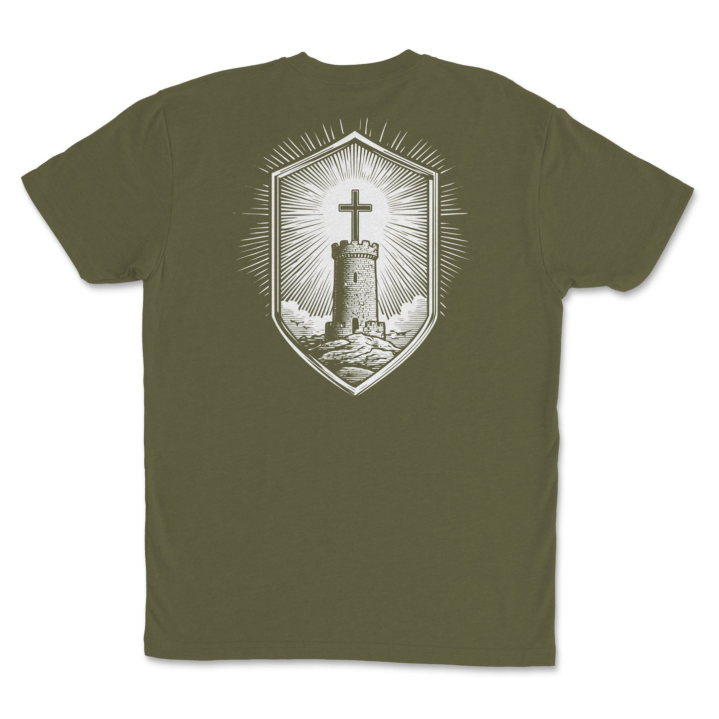 Stone Tower Men’s Christian T-Shirt back design featuring a stone tower and cross in a shield graphic.