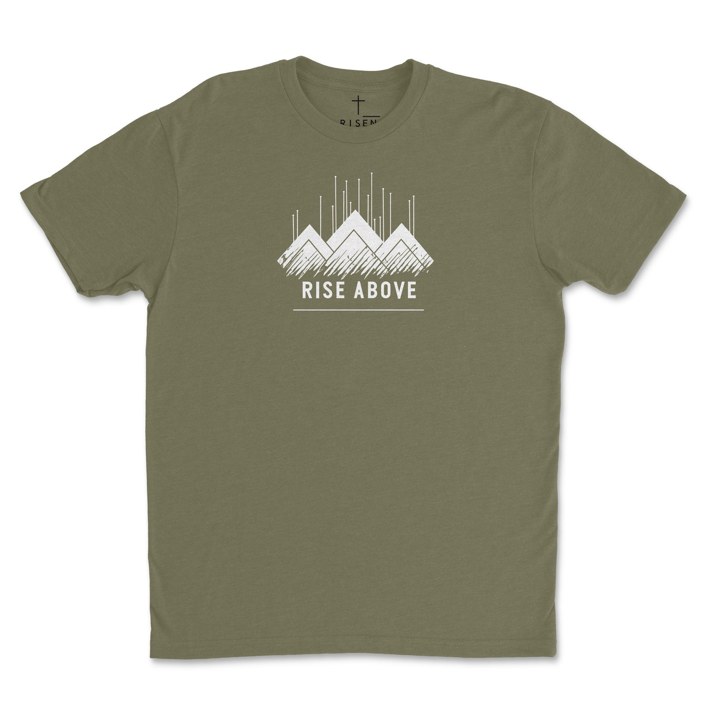 Youth Rise Above T-Shirt featuring mountain graphic in olive green, embodying resilience and confidence.