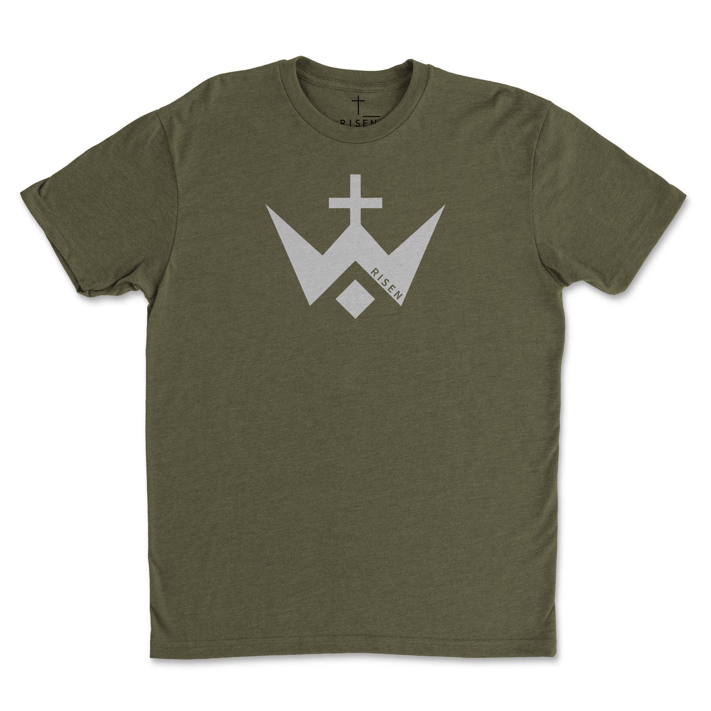 Youth Worthy Cross T-Shirt with RISEN logo on olive green fabric for stylish faith-based apparel.