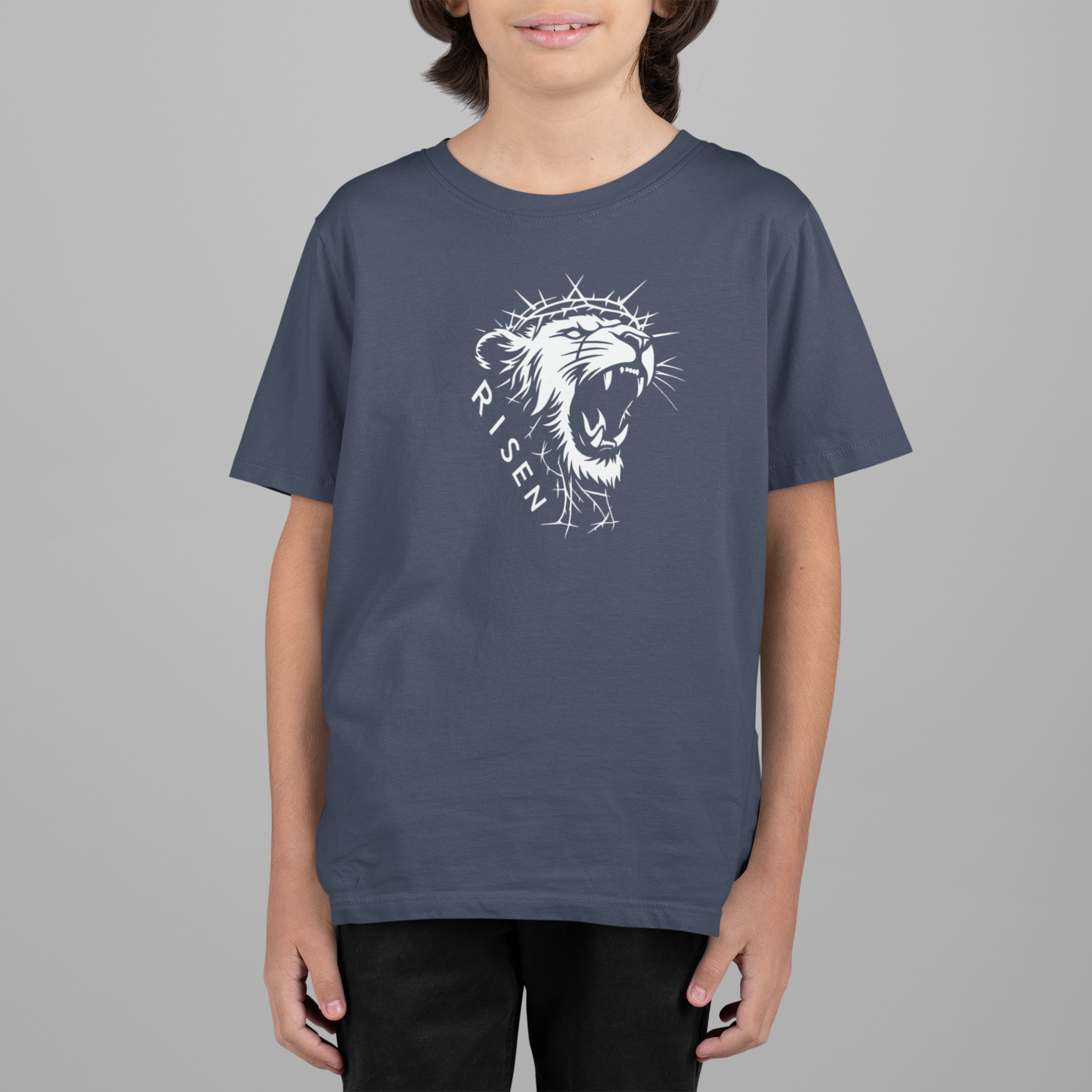Youth The Risen King - Christian T-Shirt featuring a lion graphic, perfect for young believers with a message of courage.
