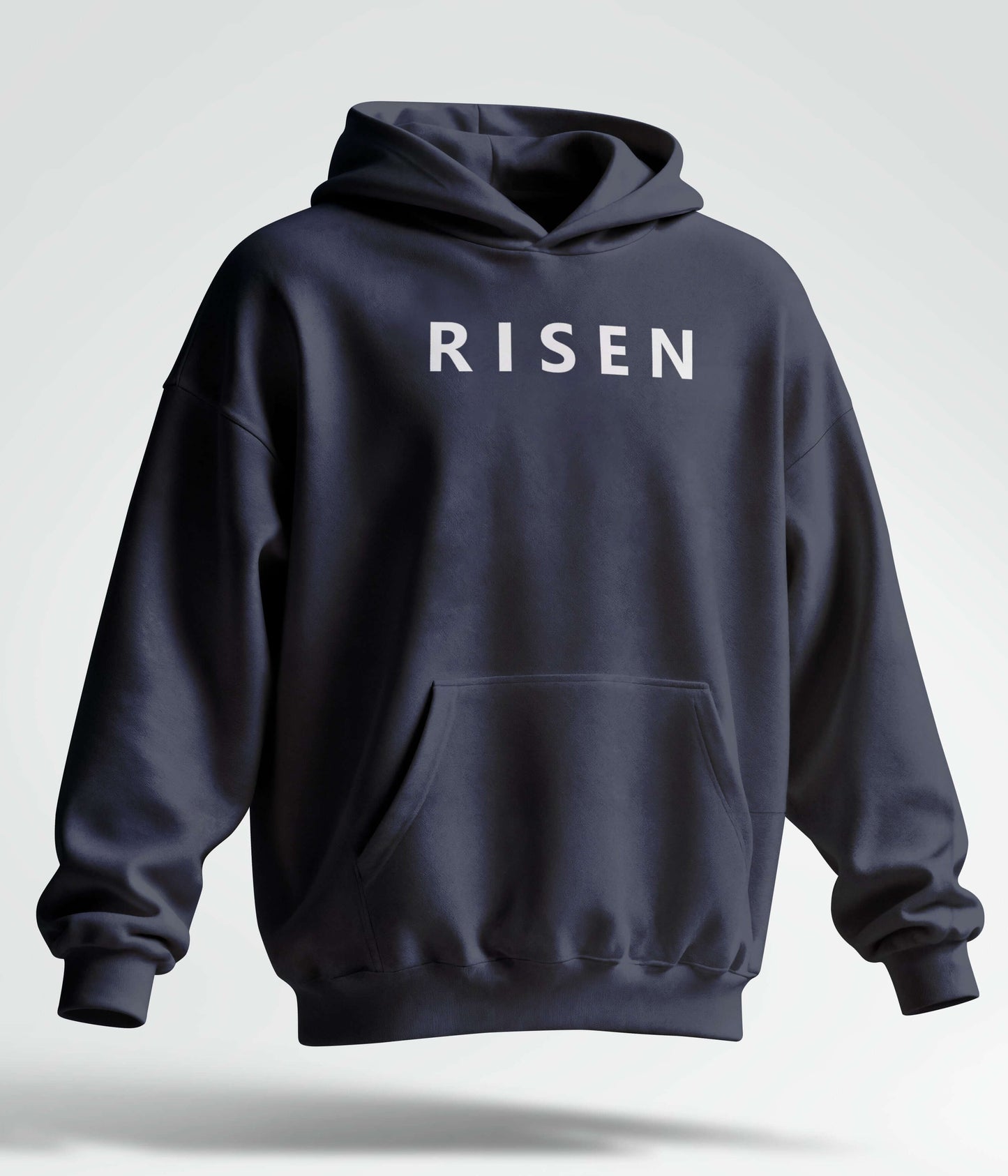 Risen youth fleece pullover hoodie in dark navy color with front pocket and white graphic design.