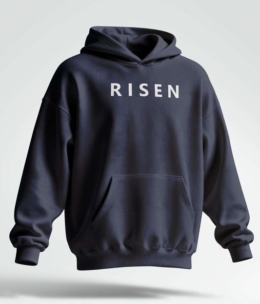 Risen youth fleece pullover hoodie in dark navy color with front pocket and white graphic design.