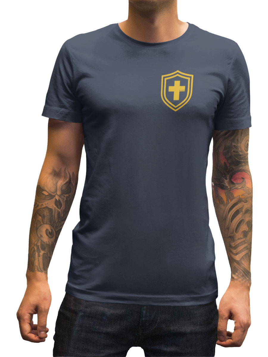 Men's Tshirt featuring a shield emblem design on a navy crew neck fabric.