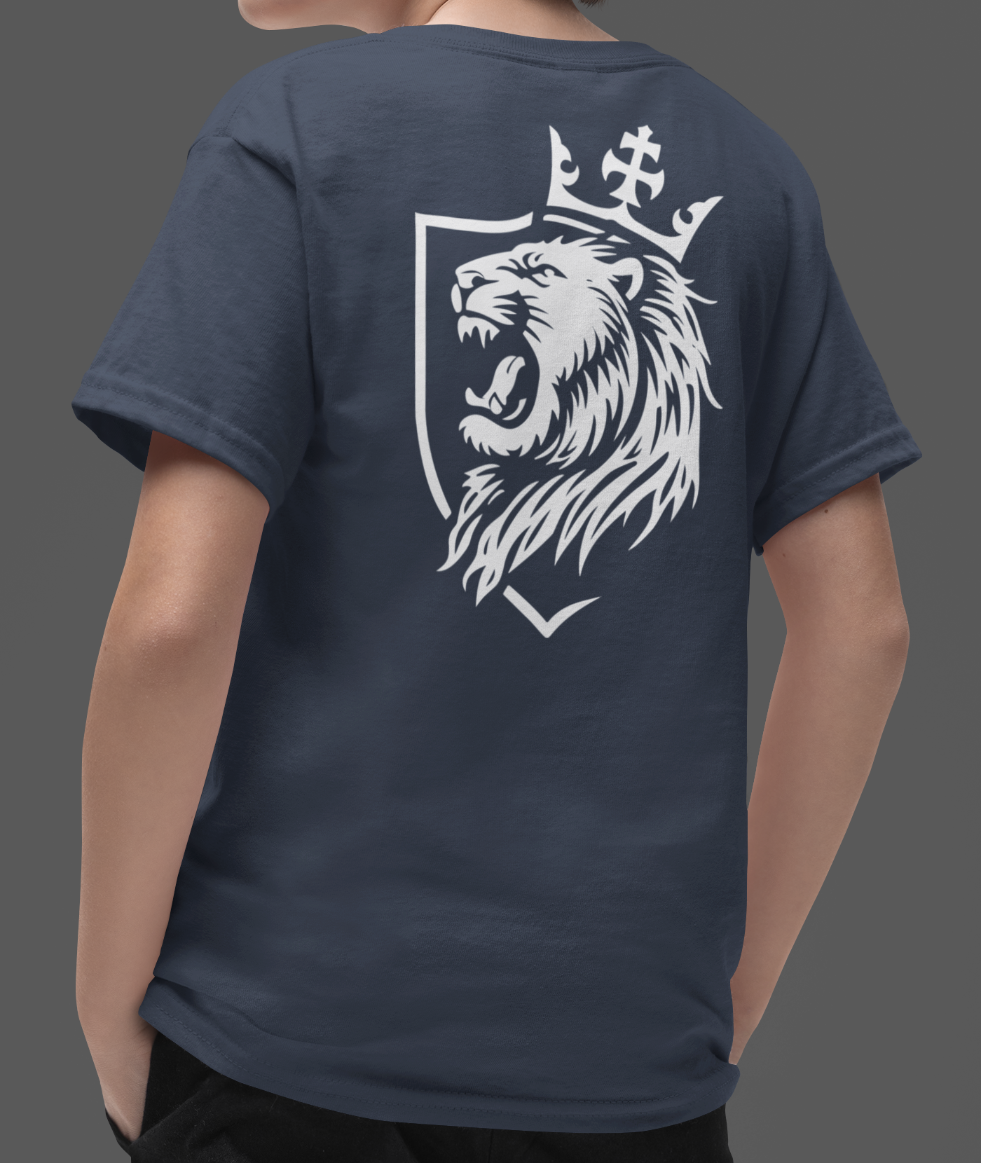 Youth Lion Crest Christian T-Shirt back view featuring a roaring lion crowned in a shield design.