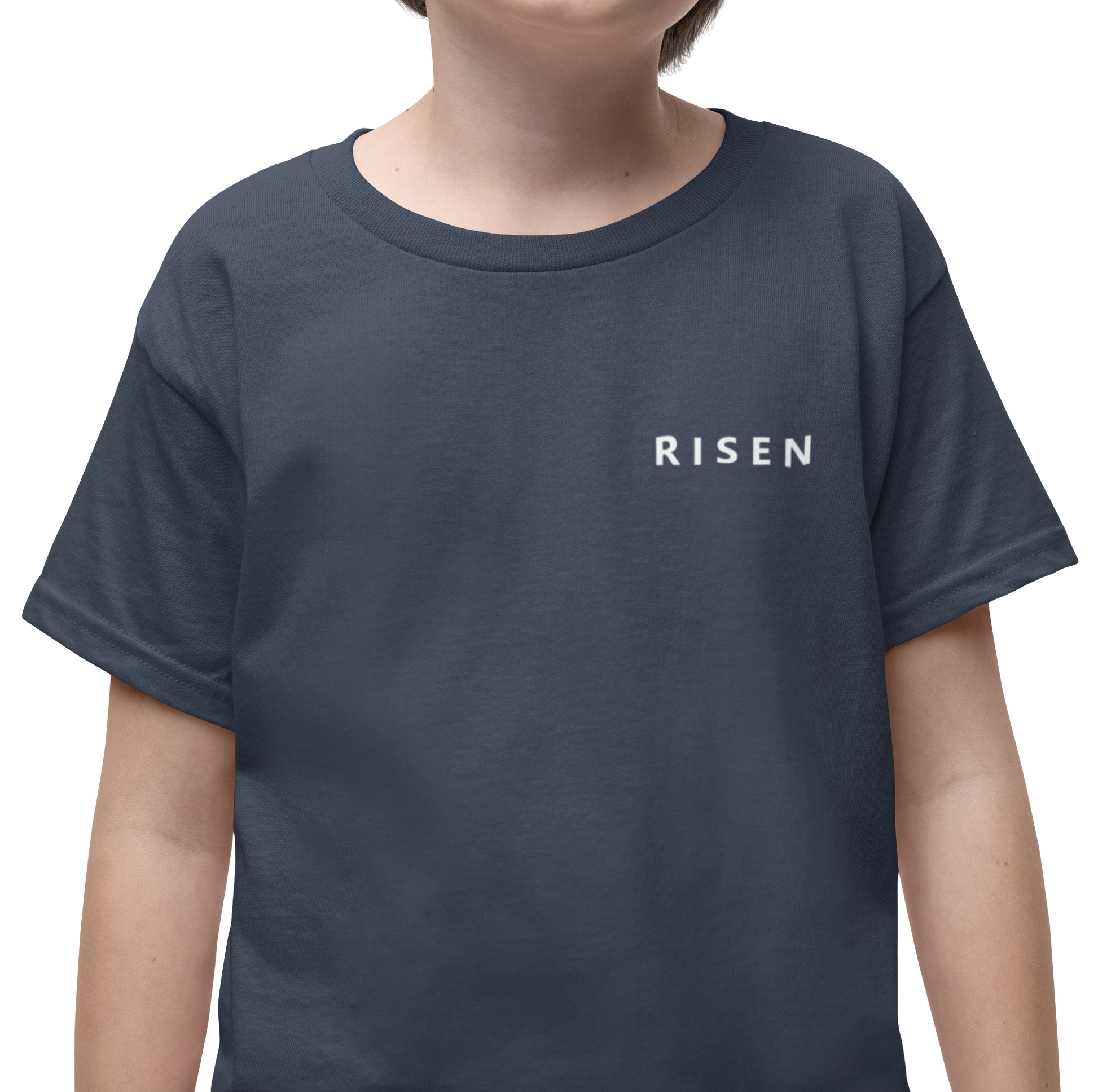 Youth Lion Crest Christian T-Shirt featuring the word 'RISEN' on the front, perfect for confident young individuals.