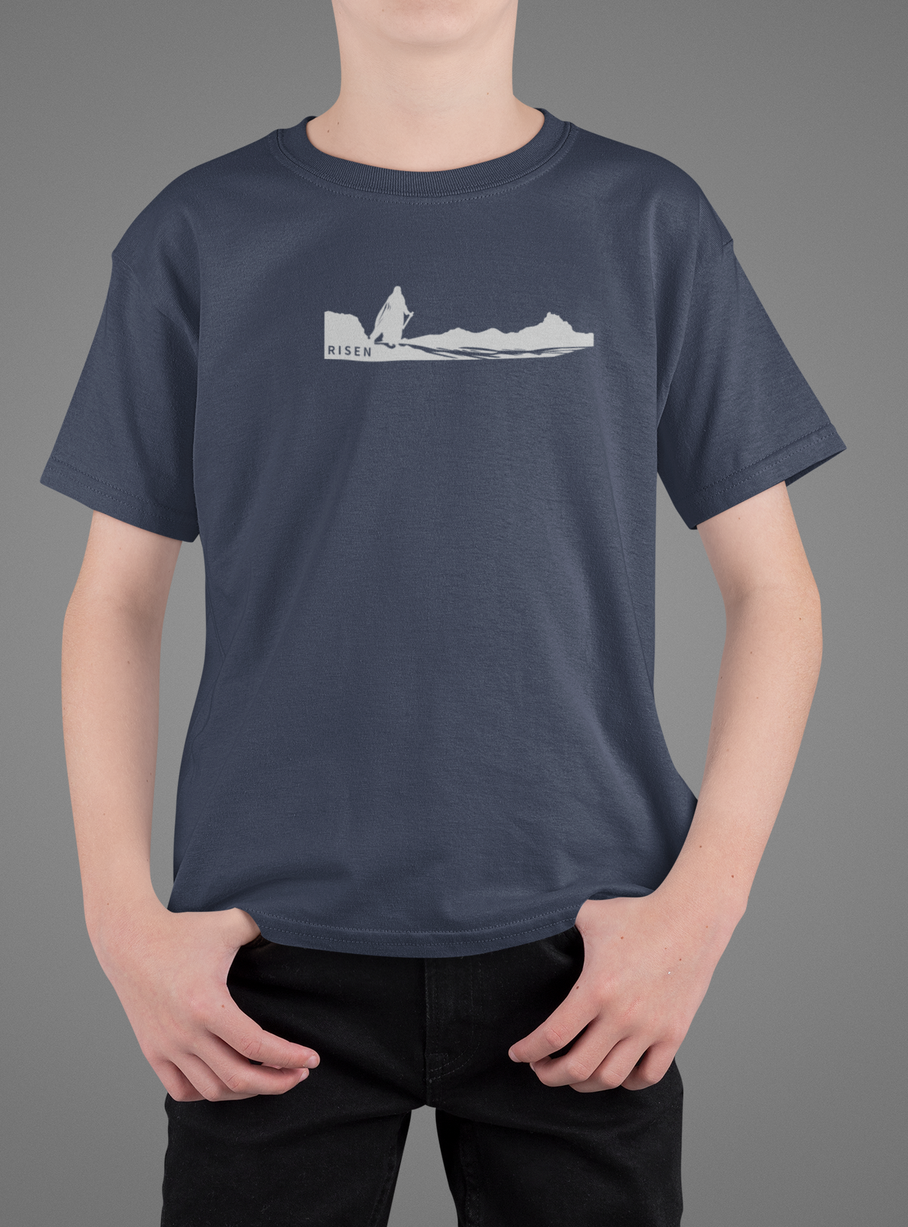 Youth The Way Forward Christian T-Shirt on a young model, featuring a minimal faith graphic in white on navy fabric.