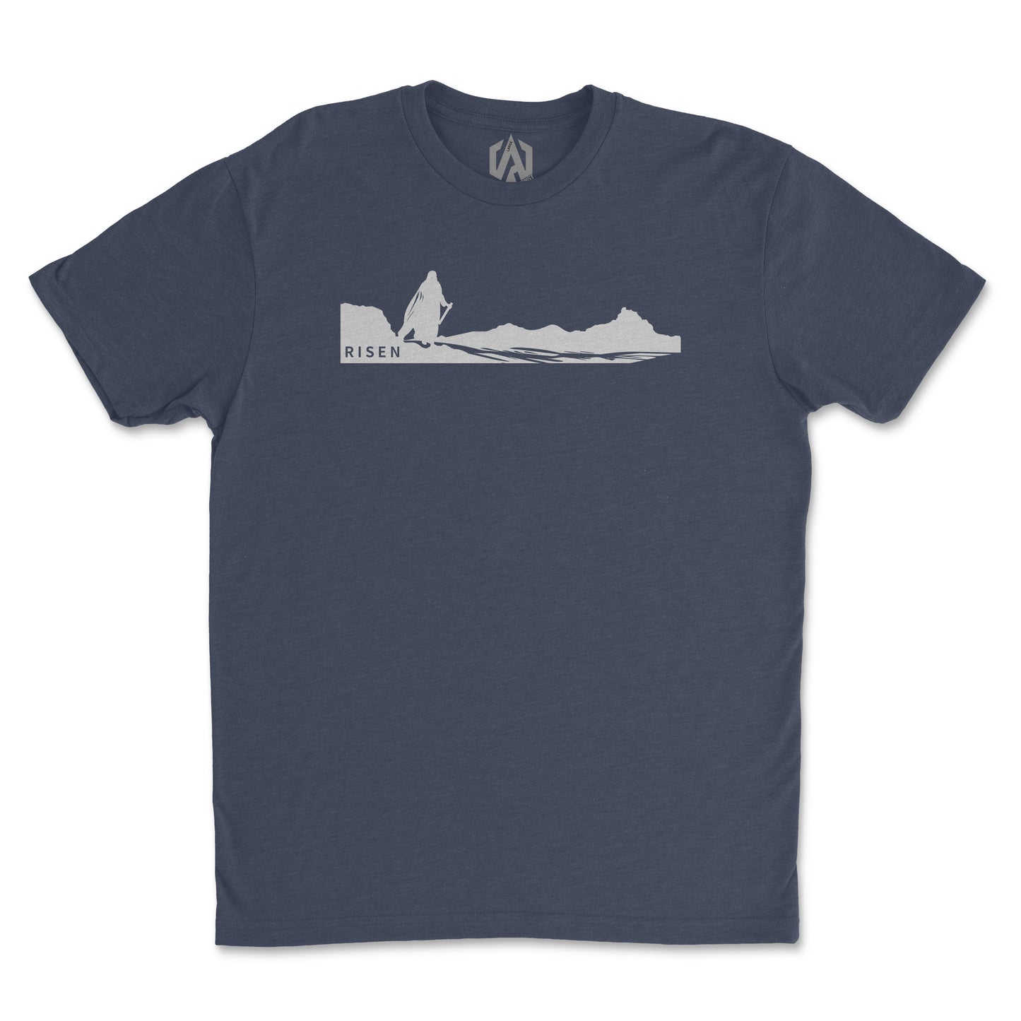 Youth The Way Forward Christian T-Shirt featuring a minimal graphic that says RISEN on a navy background.